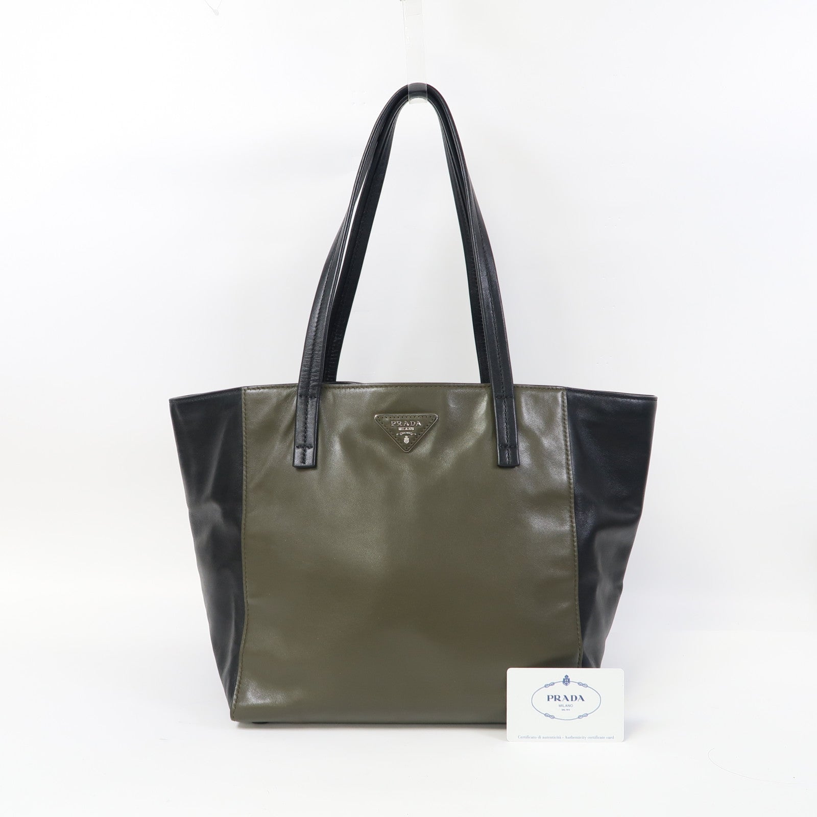 PRADA 牛皮皮革Shoulder Bag銀扣肩背袋綠色/黑色