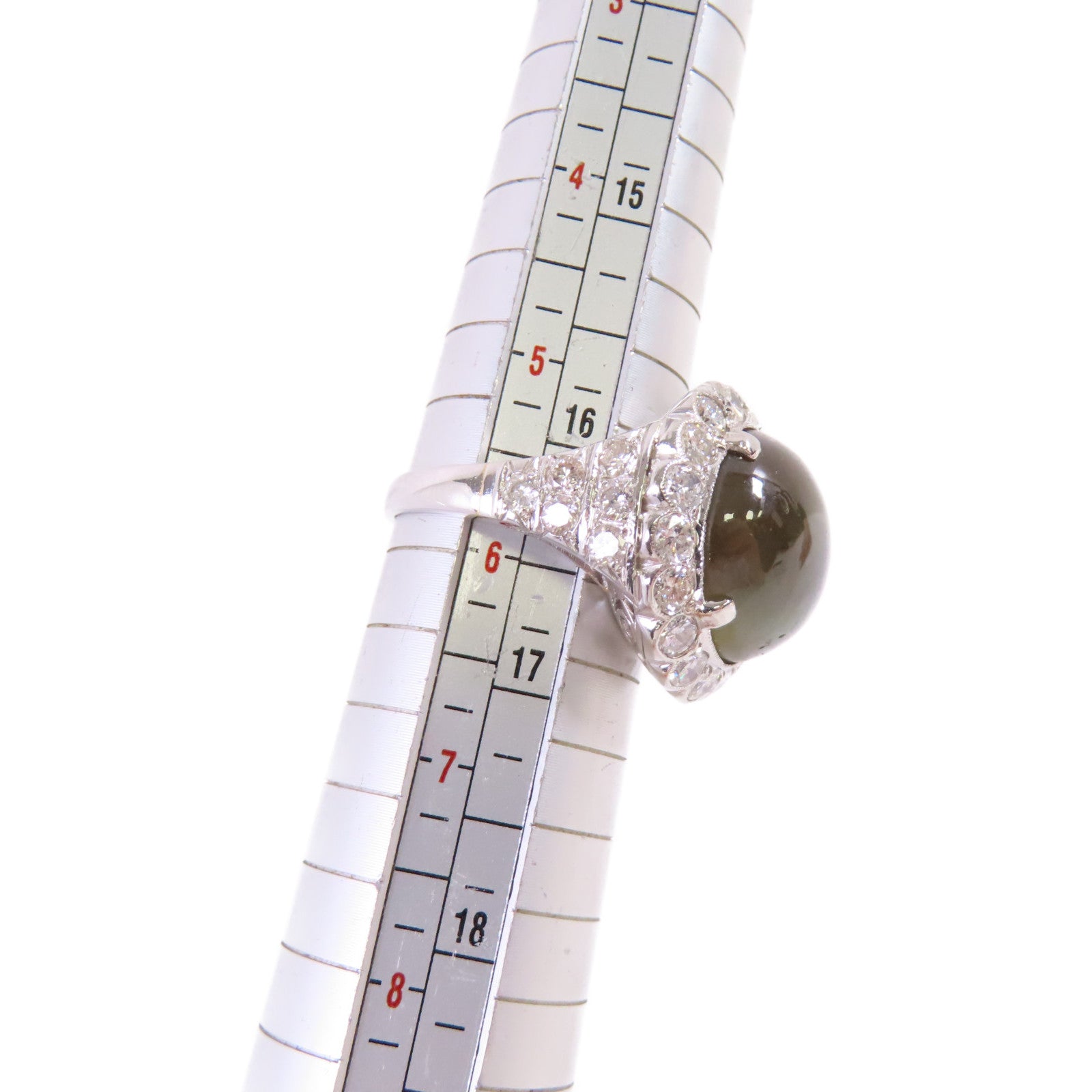 JEWELRY PT900鉑金/17.39ct貓眼石/1.30ct鑽石Cat's Eye Diamond Ring戒指US#5.75