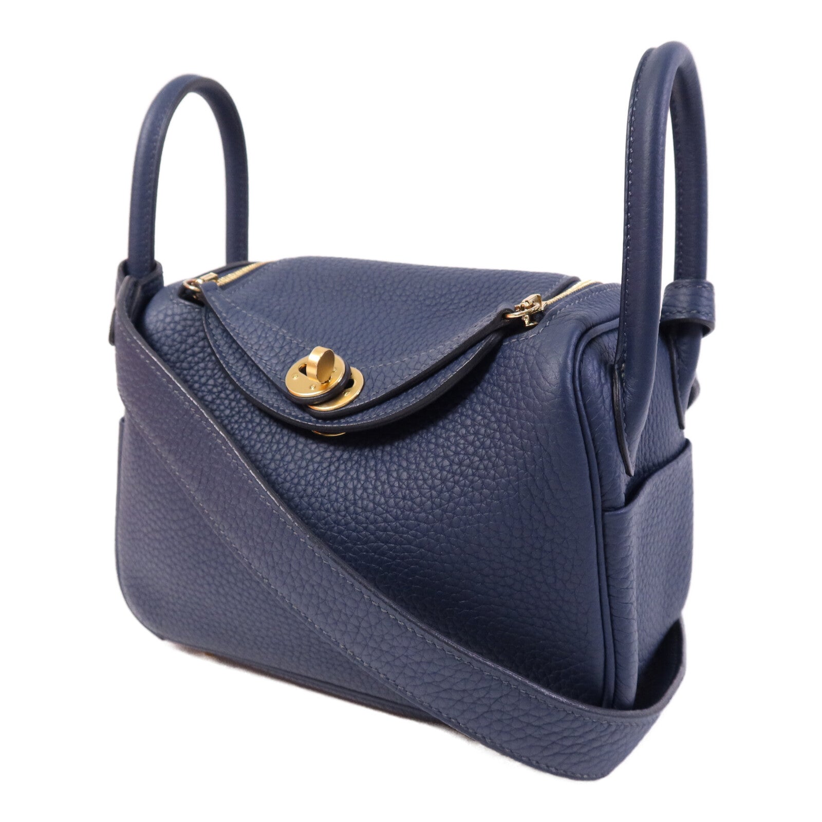 HERMES Clemence皮革Mini Lindy金扣手挽肩背兩用袋Bleu Nuit