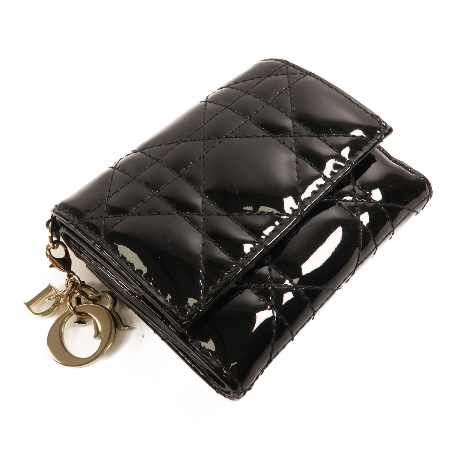 Dior 漆皮皮革Wallet金扣折疊錢包黑色