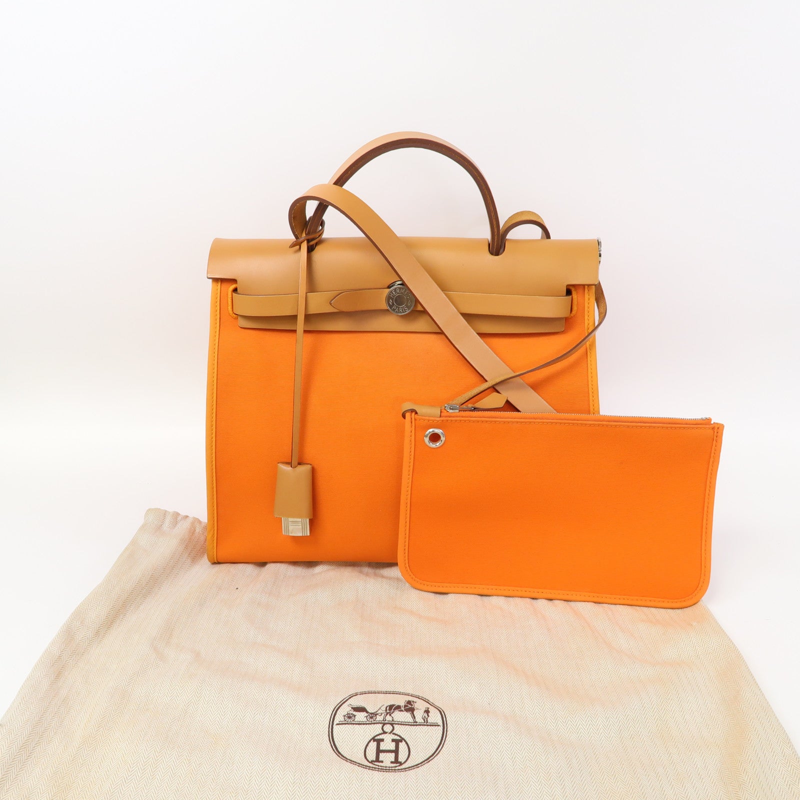 HERMES 【清倉大減價】帆布Herbag PM銀扣手挽肩背兩用袋橙色