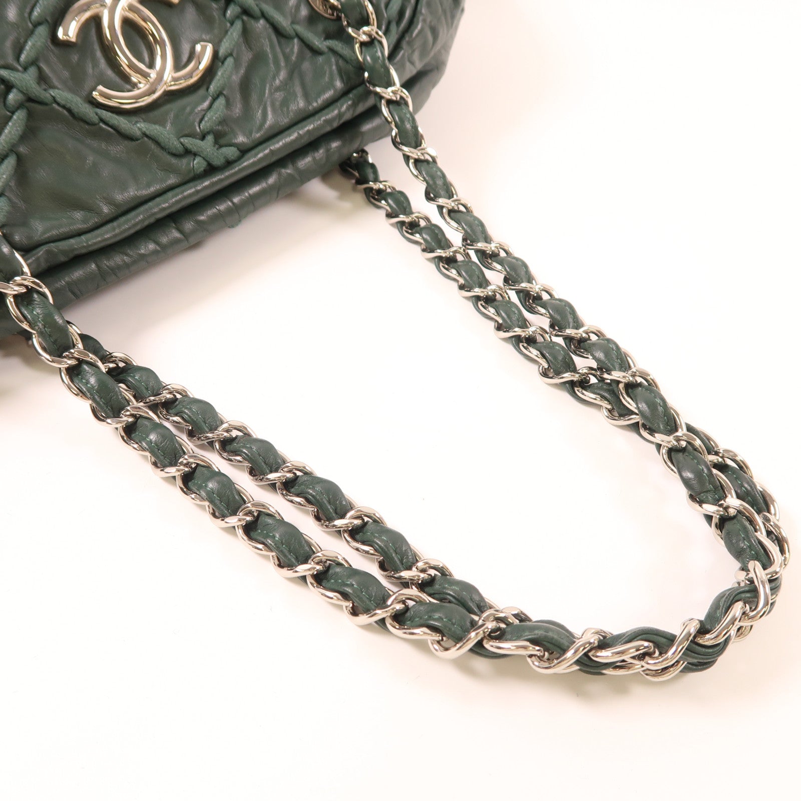 CHANEL 牛皮皮革Shoulder Bag銀扣鏈帶肩背袋綠色
