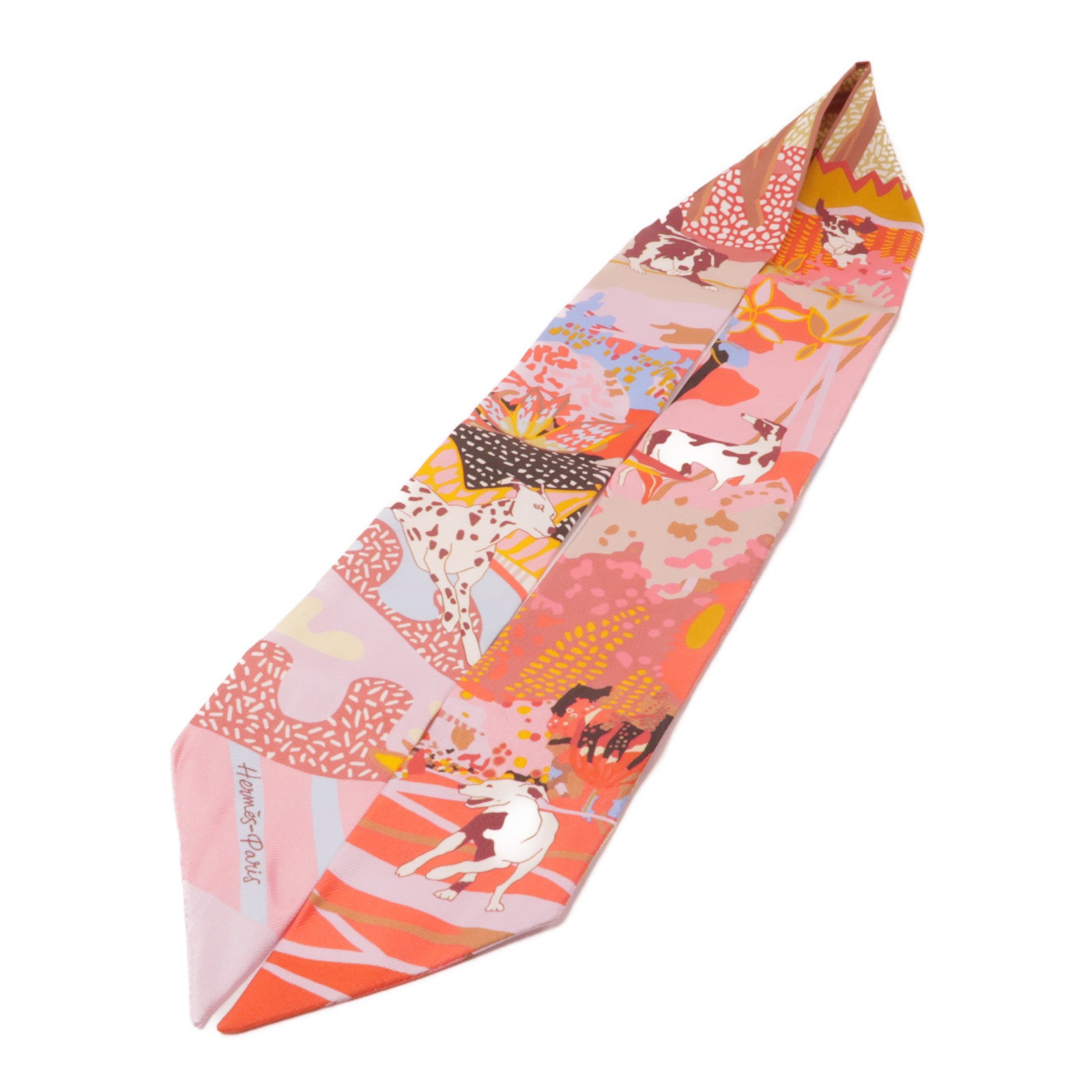 HERMES 絲質Twilly絲巾粉紅色/橙色