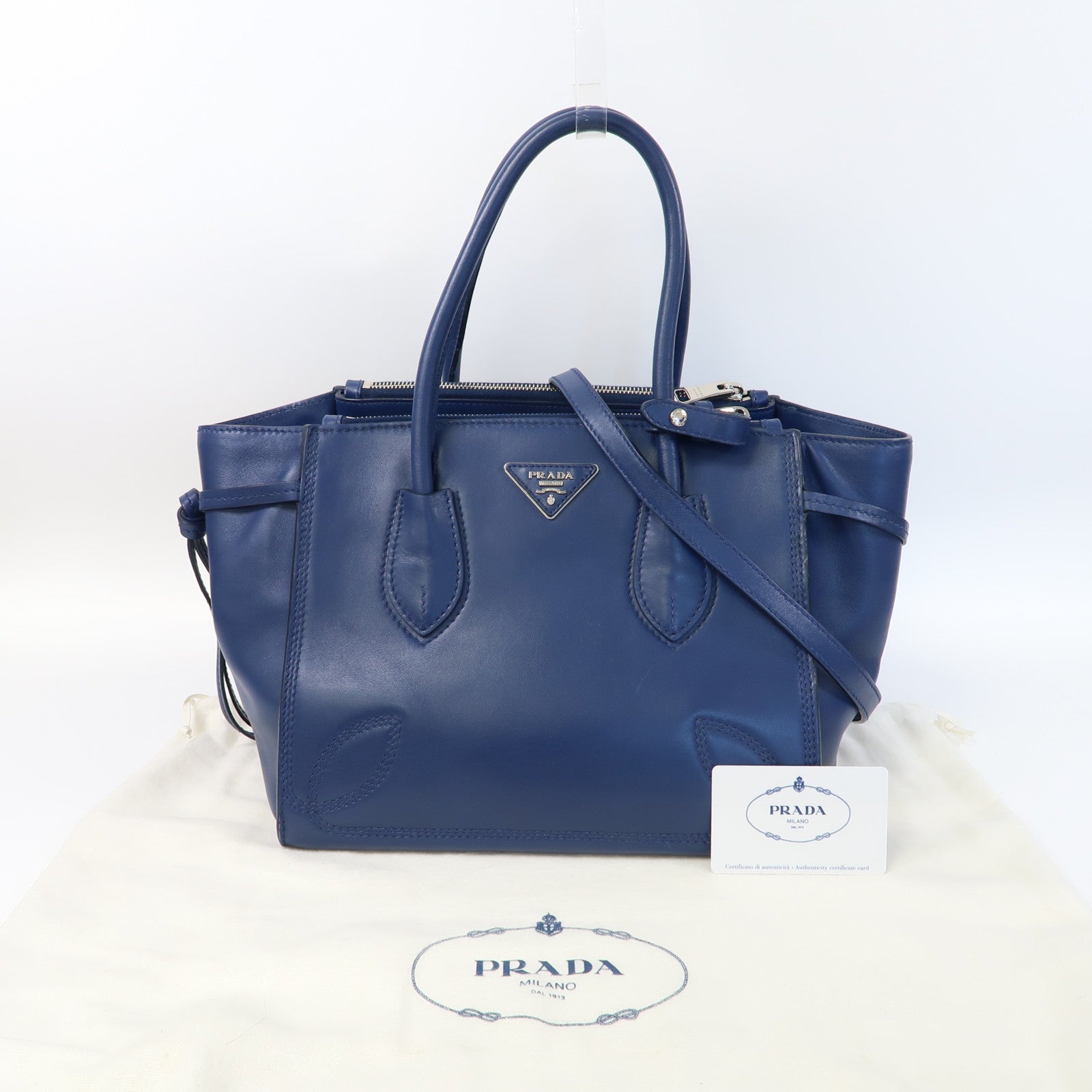 PRADA 【激減優惠】牛皮皮革Shoulder Bag銀扣手挽肩背兩用袋藍色