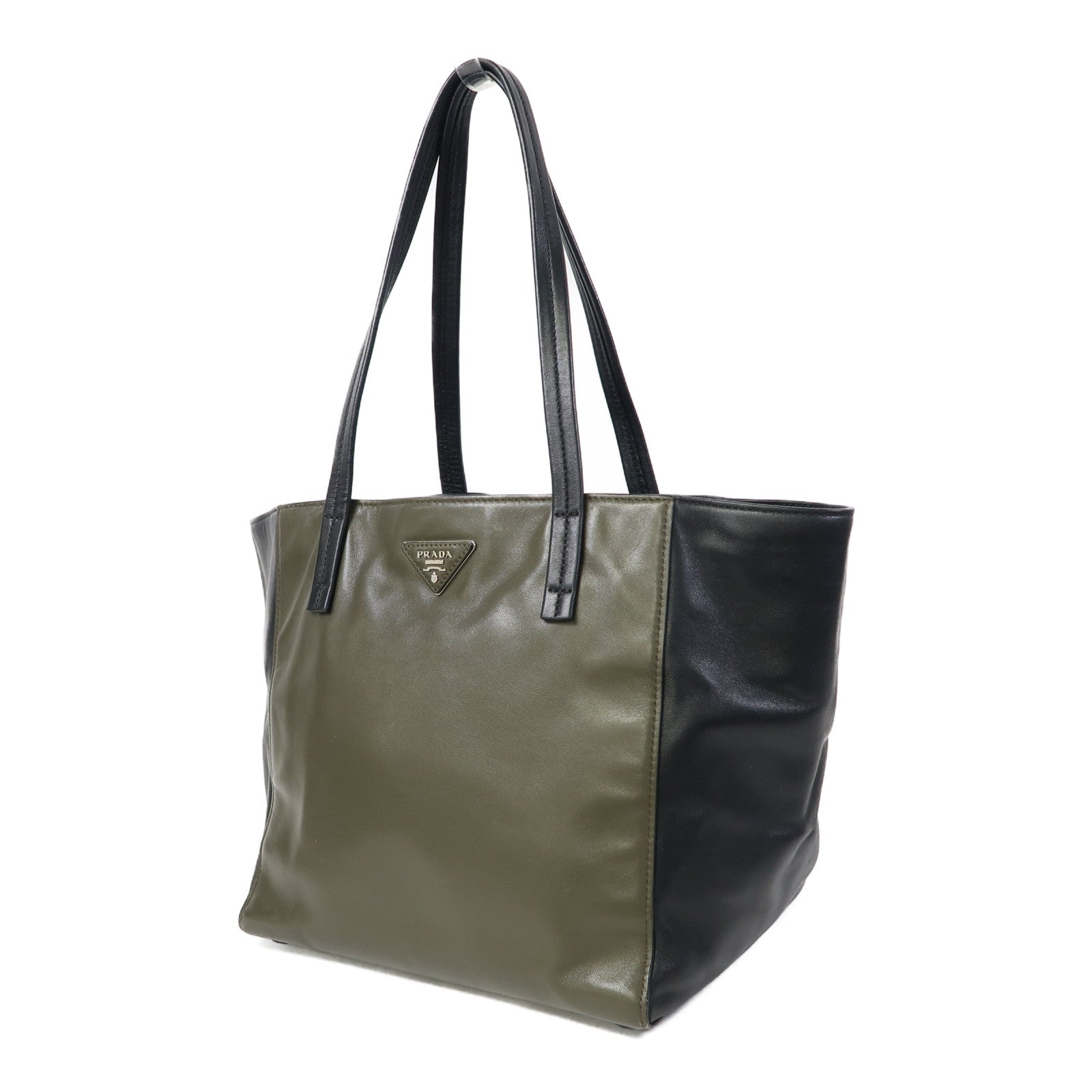 PRADA 牛皮皮革Shoulder Bag銀扣肩背袋綠色/黑色