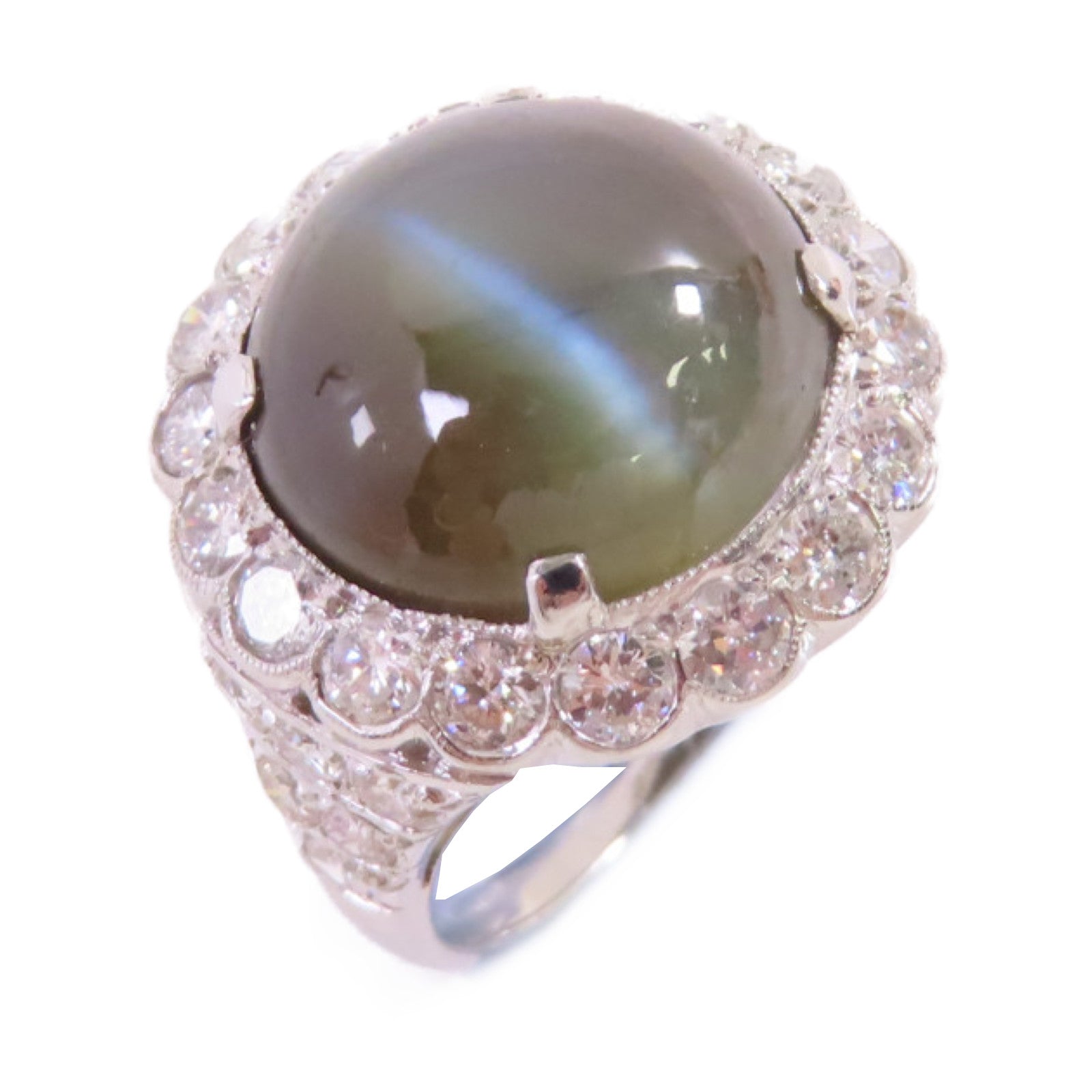 JEWELRY PT900鉑金/17.39ct貓眼石/1.30ct鑽石Cat's Eye Diamond Ring戒指US#5.75