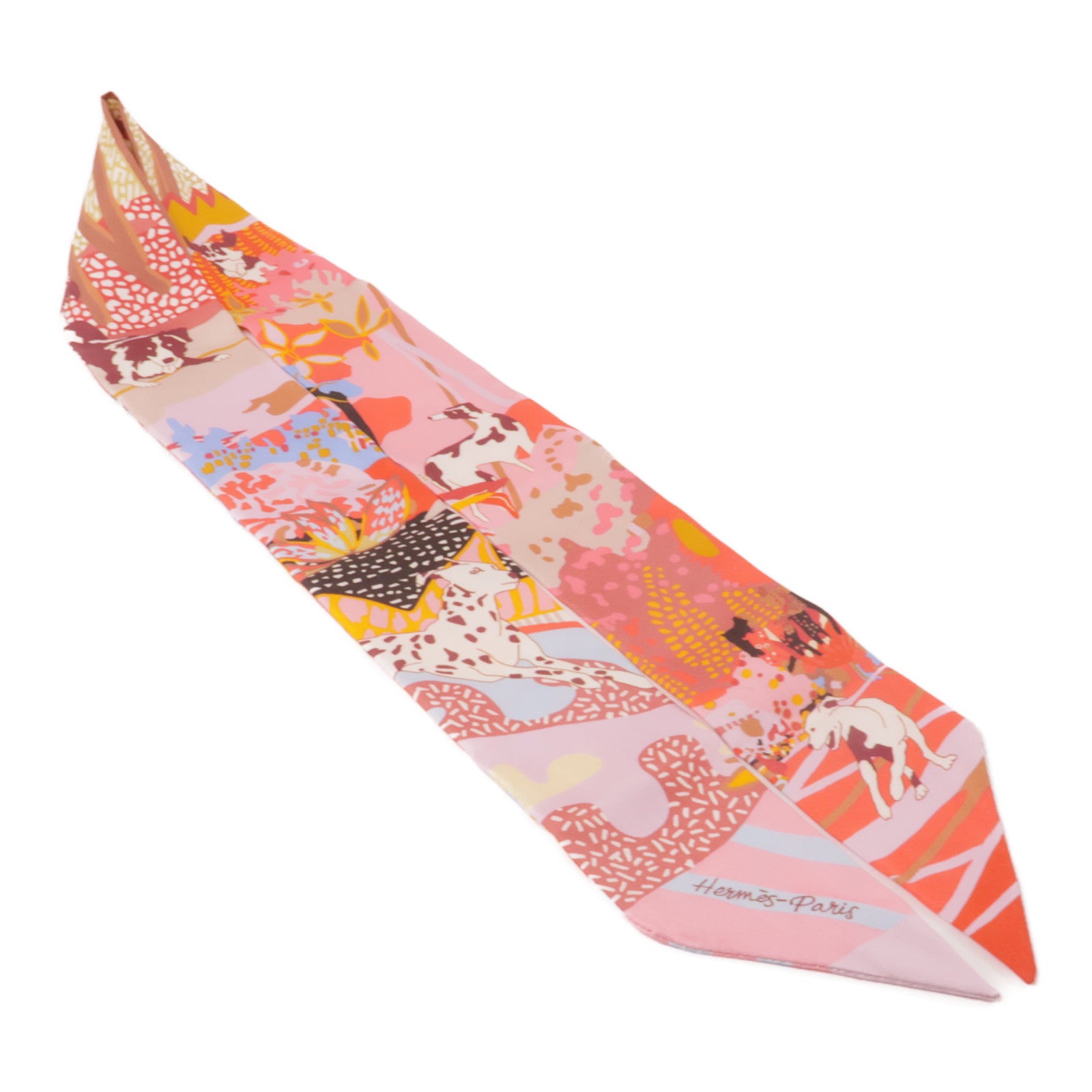 HERMES 絲質Twilly絲巾粉紅色/橙色