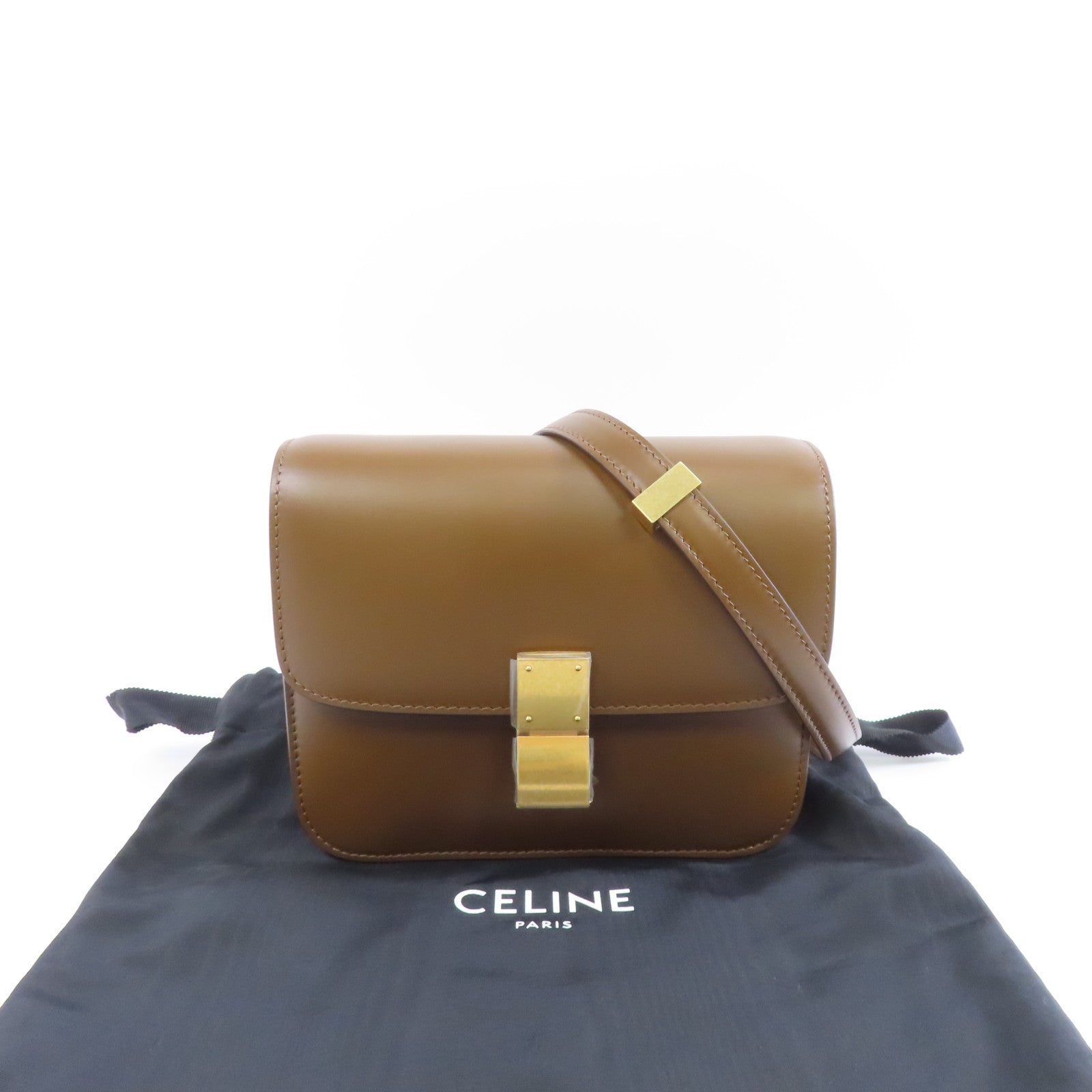 CELINE 牛皮皮革Mini Classic Box金扣肩背袋啡色