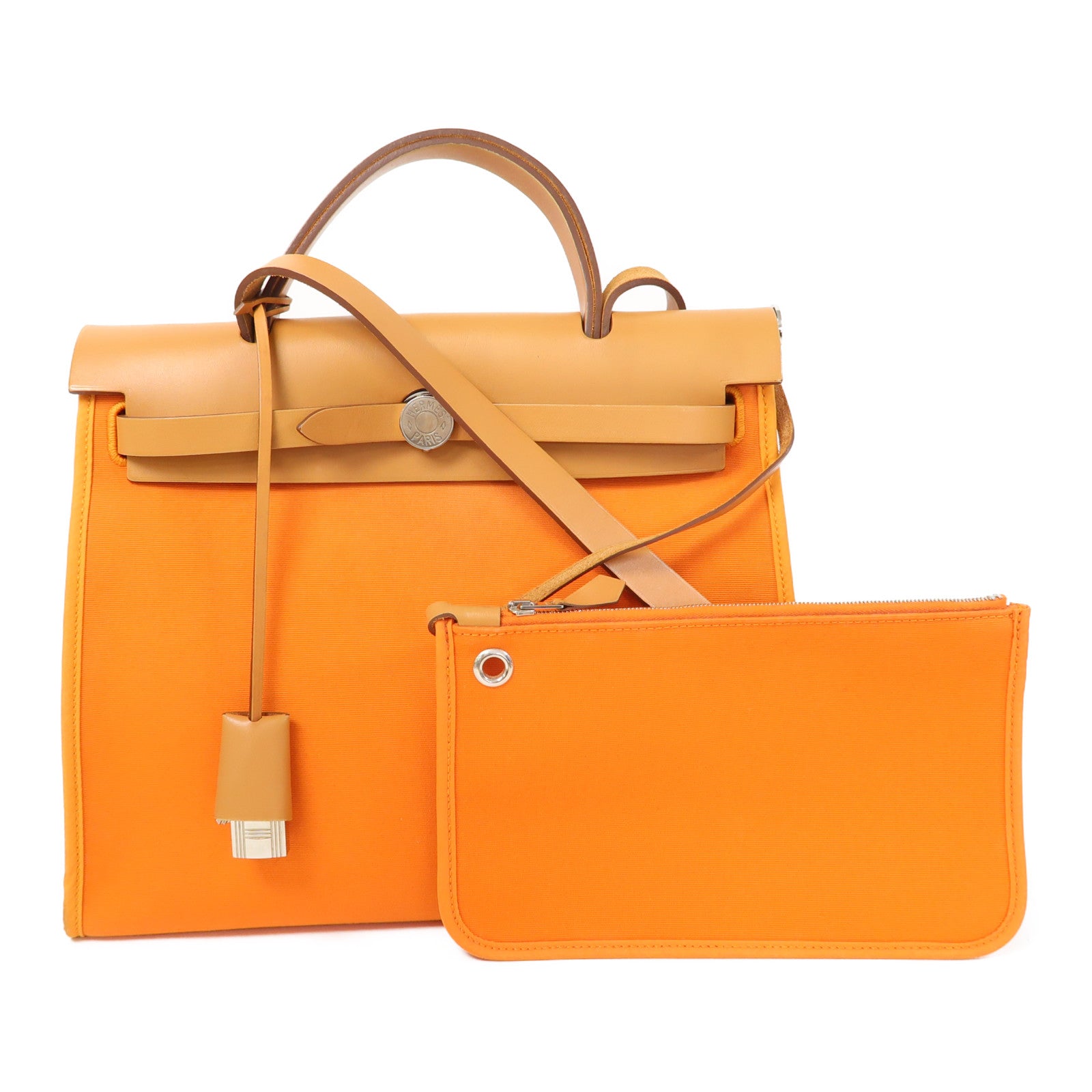 HERMES 【清倉大減價】帆布Herbag PM銀扣手挽肩背兩用袋橙色