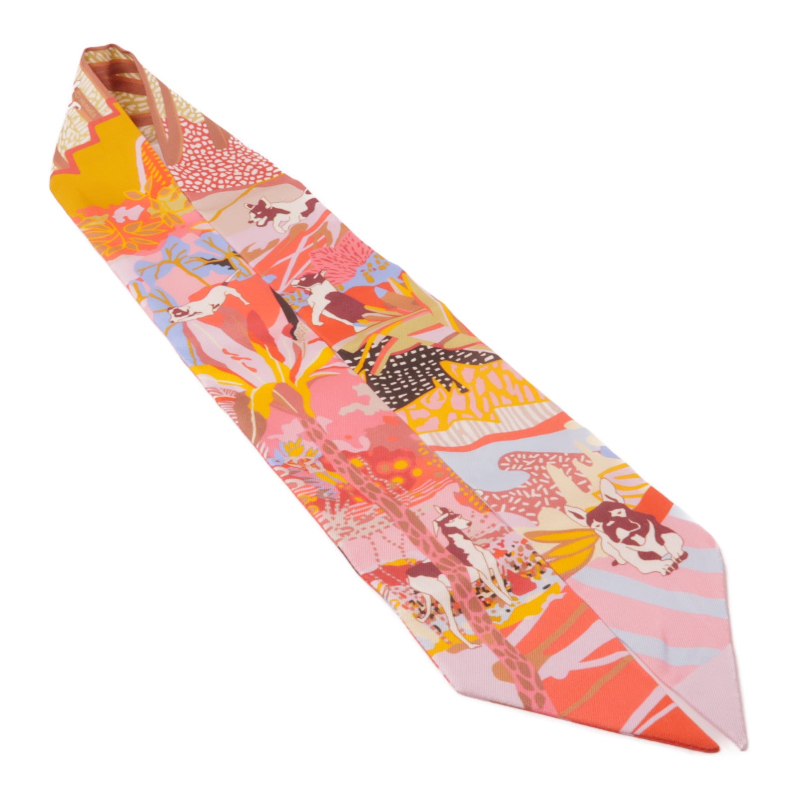 HERMES 絲質Twilly絲巾粉紅色/橙色