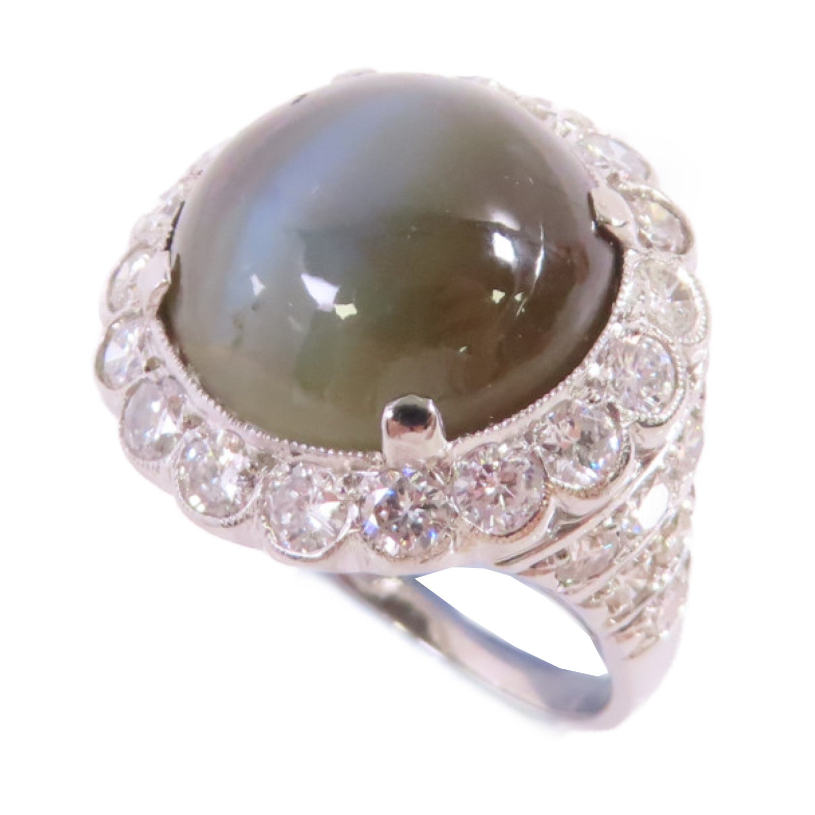JEWELRY PT900鉑金/17.39ct貓眼石/1.30ct鑽石Cat's Eye Diamond Ring戒指US#5.75
