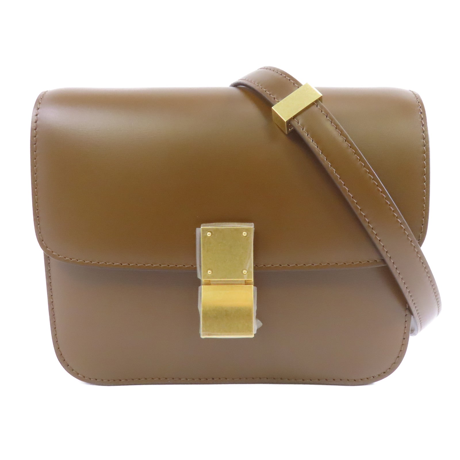 CELINE 牛皮皮革Mini Classic Box金扣肩背袋啡色