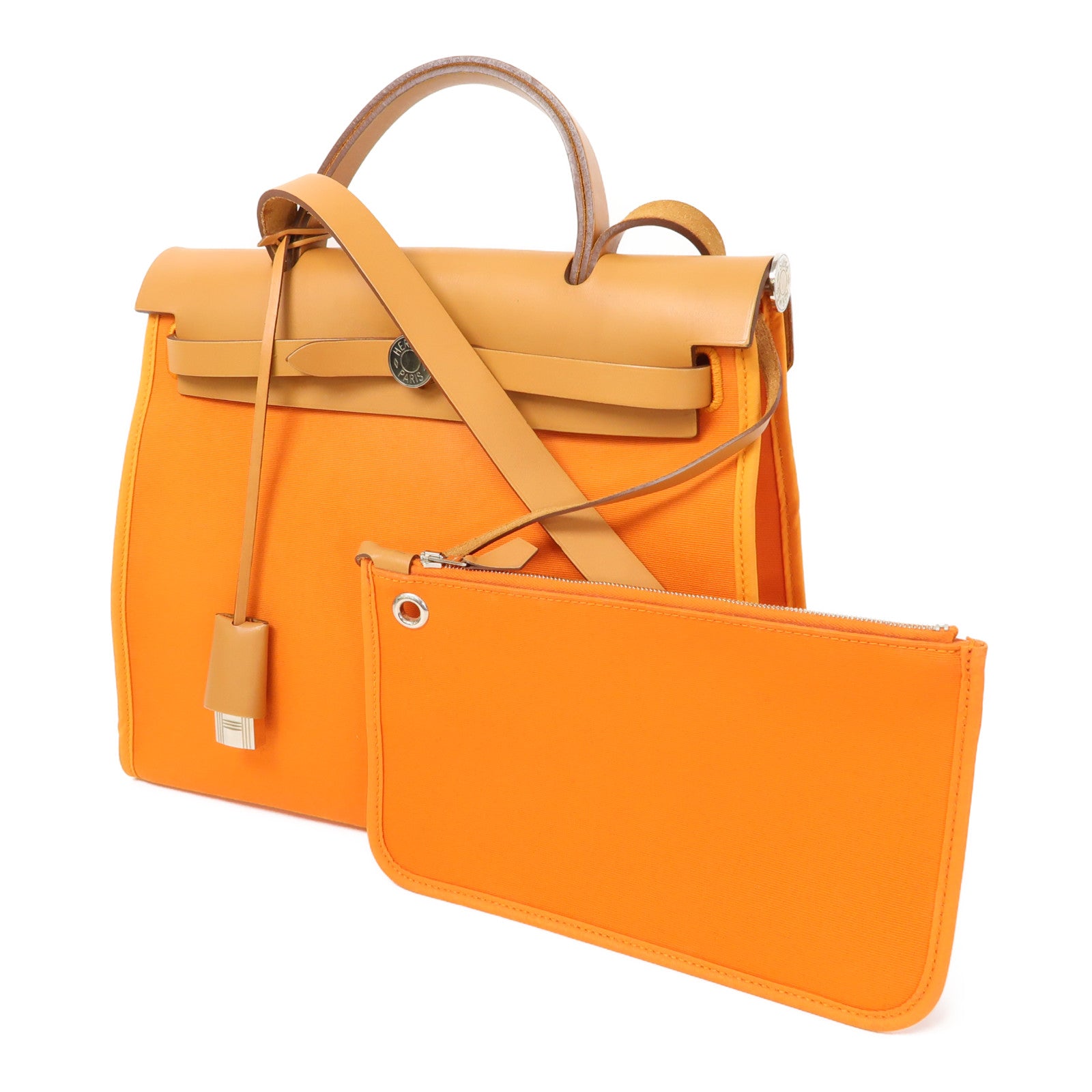 HERMES 【清倉大減價】帆布Herbag PM銀扣手挽肩背兩用袋橙色