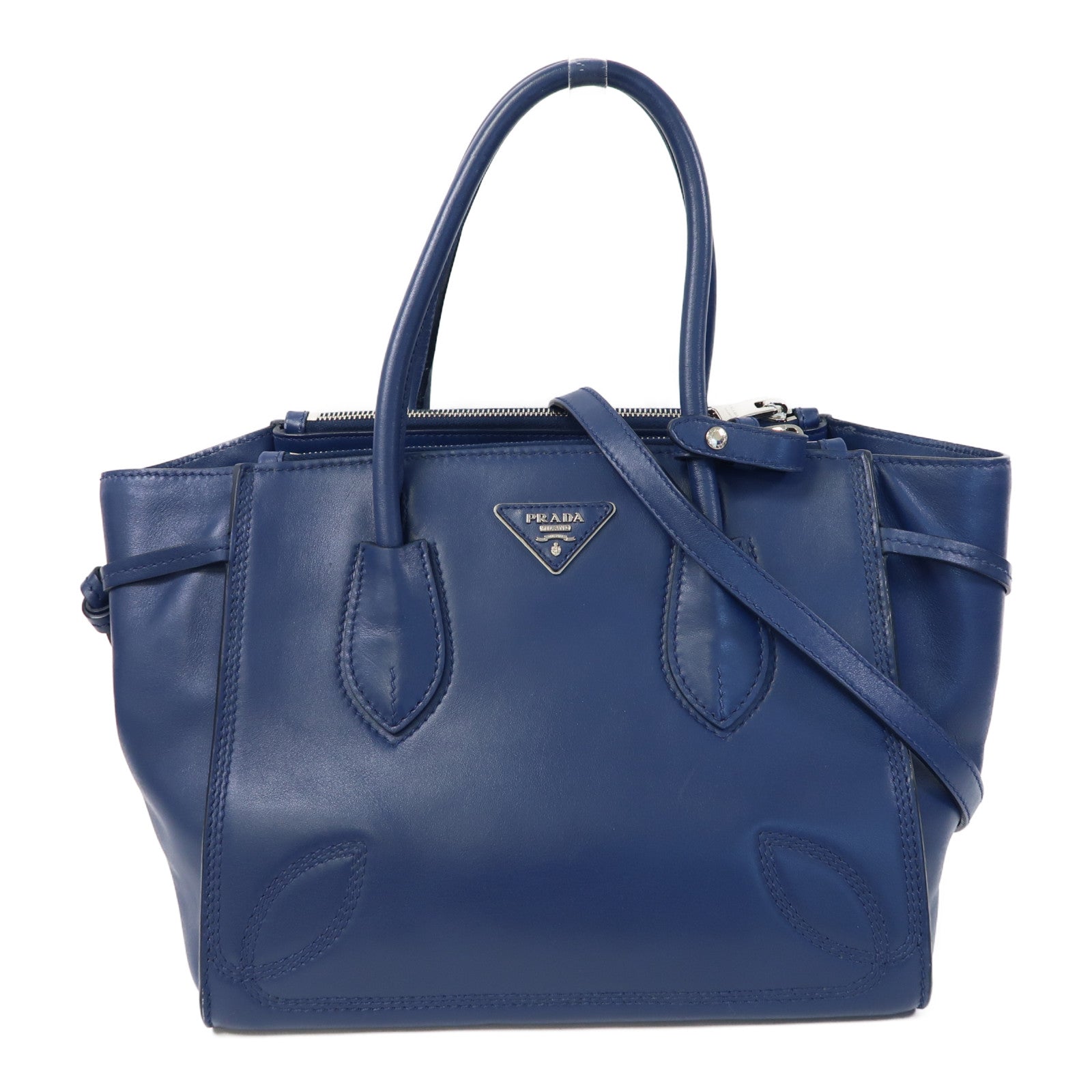 PRADA 【激減優惠】牛皮皮革Shoulder Bag銀扣手挽肩背兩用袋藍色