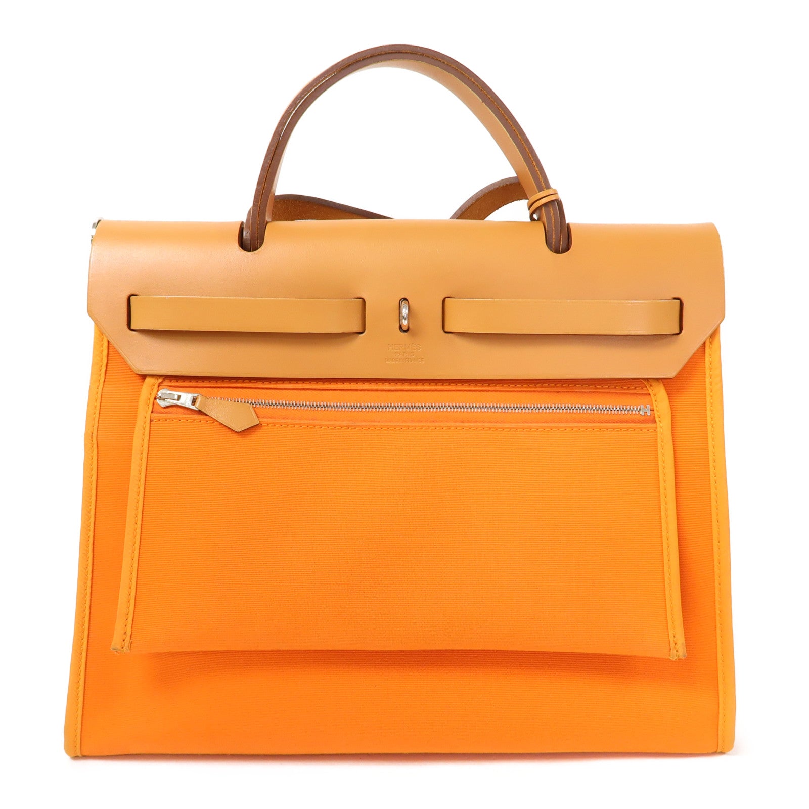 HERMES 【清倉大減價】帆布Herbag PM銀扣手挽肩背兩用袋橙色