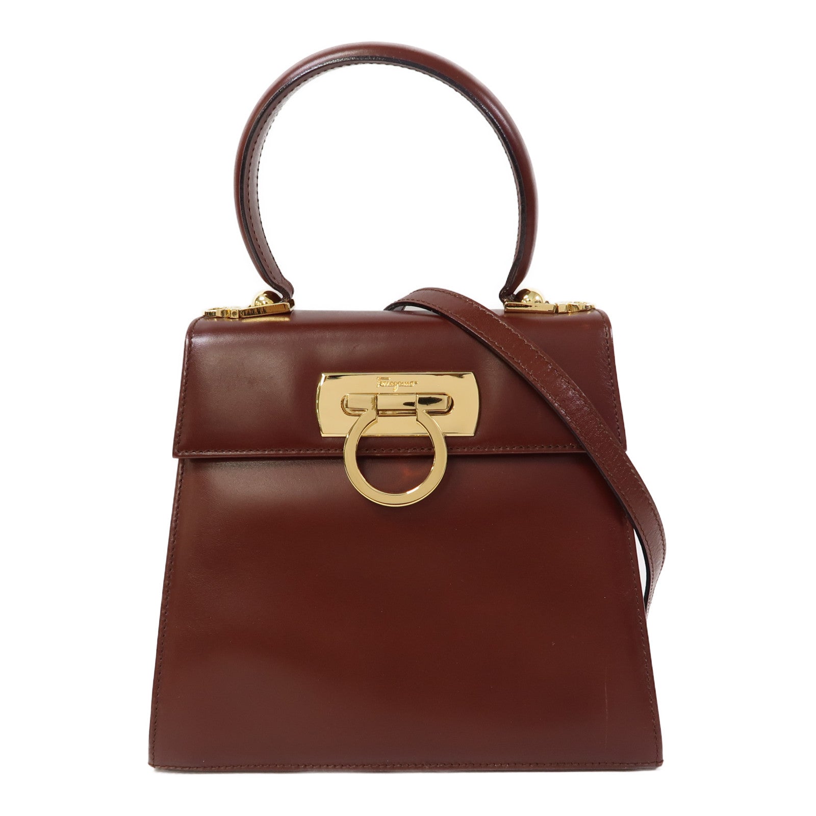 Salvatore Ferragamo 牛皮皮革Small Top Handle金扣手挽肩背兩用袋深啡色