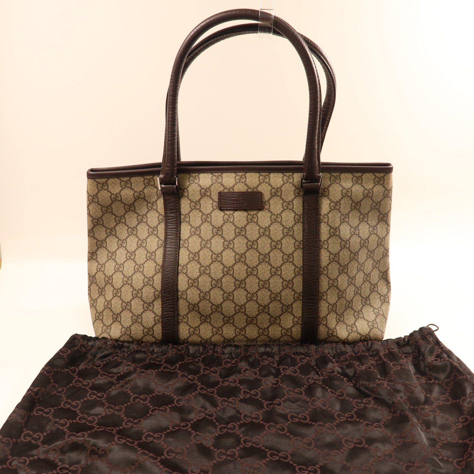 GUCCI 塗層帆布GG Supreme Tote Bag銀扣肩背袋啡色