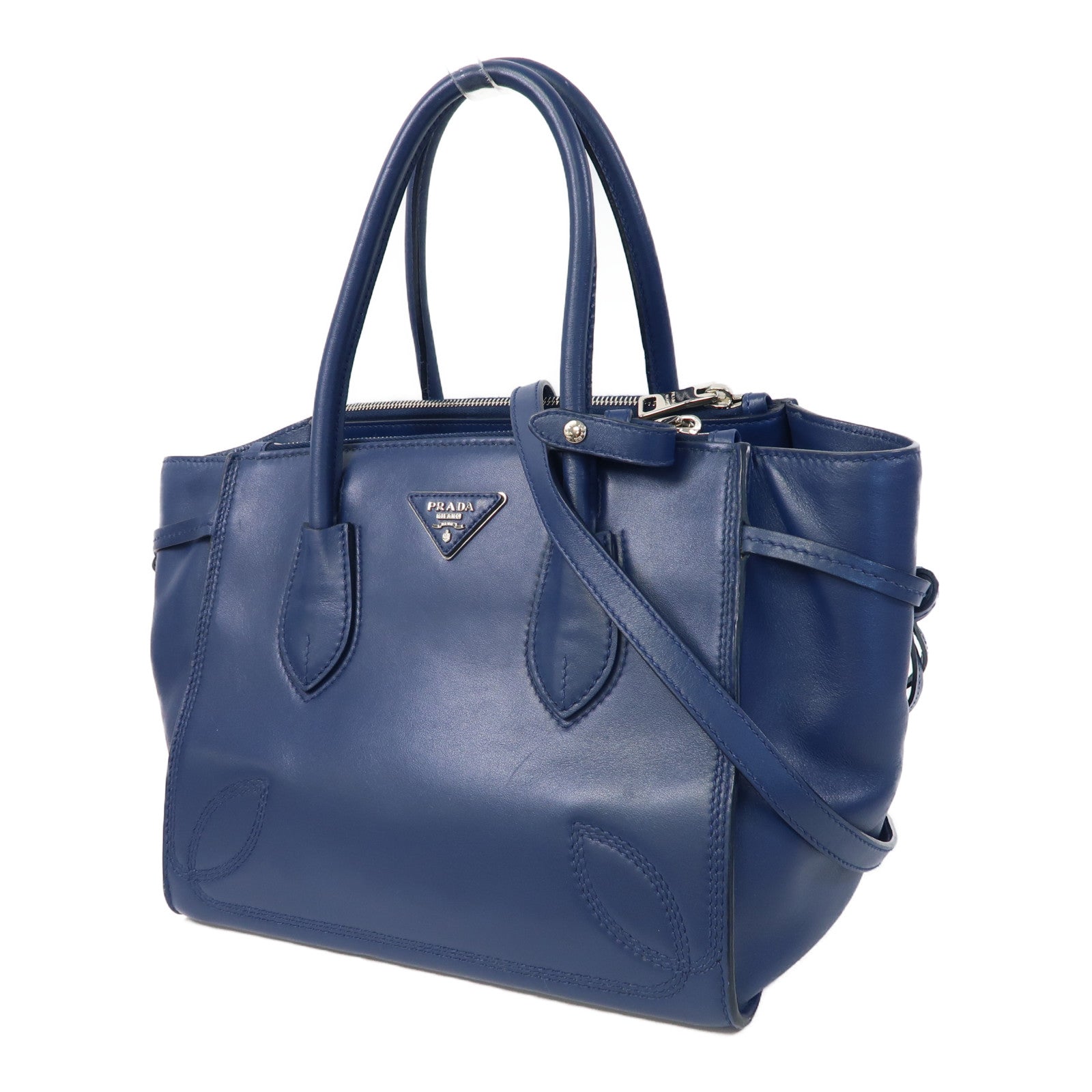 PRADA 【激減優惠】牛皮皮革Shoulder Bag銀扣手挽肩背兩用袋藍色