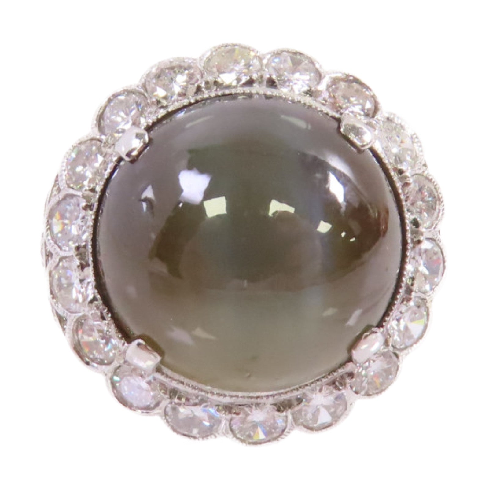 JEWELRY PT900鉑金/17.39ct貓眼石/1.30ct鑽石Cat's Eye Diamond Ring戒指US#5.75