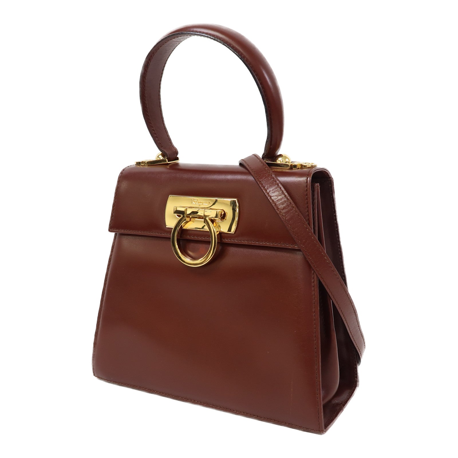 Salvatore Ferragamo 牛皮皮革Small Top Handle金扣手挽肩背兩用袋深啡色