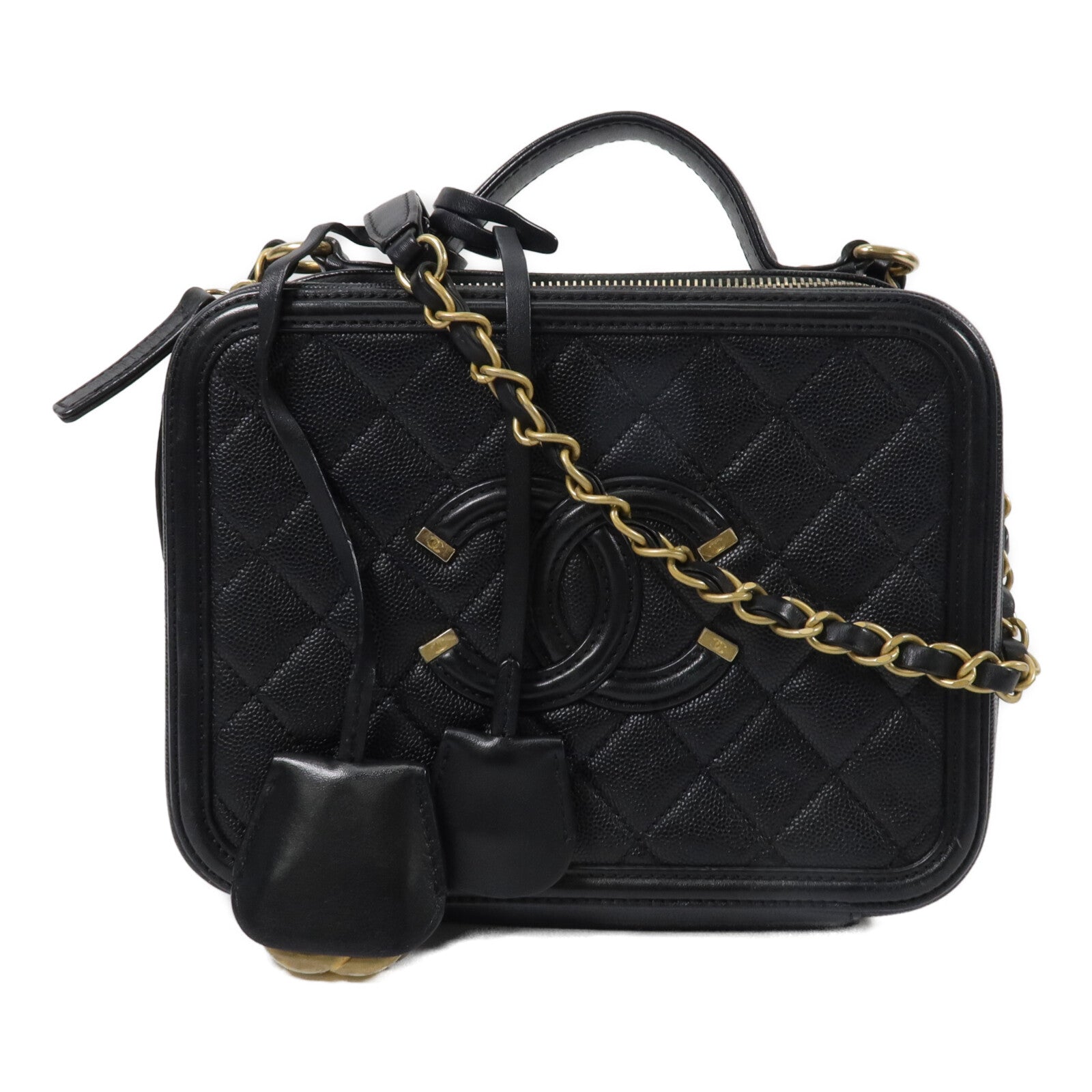 CHANEL 牛皮皮革CC Filigree Vanity Case Medium鏈帶肩背袋