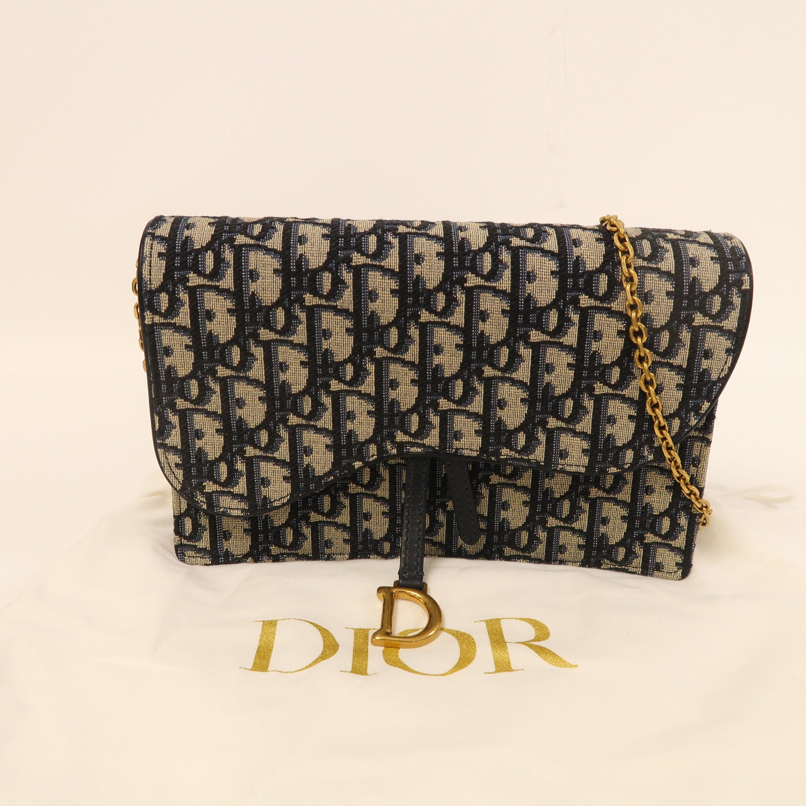 Dior 帆布Saddle Chain Shoulder金扣鏈帶肩背袋藍色