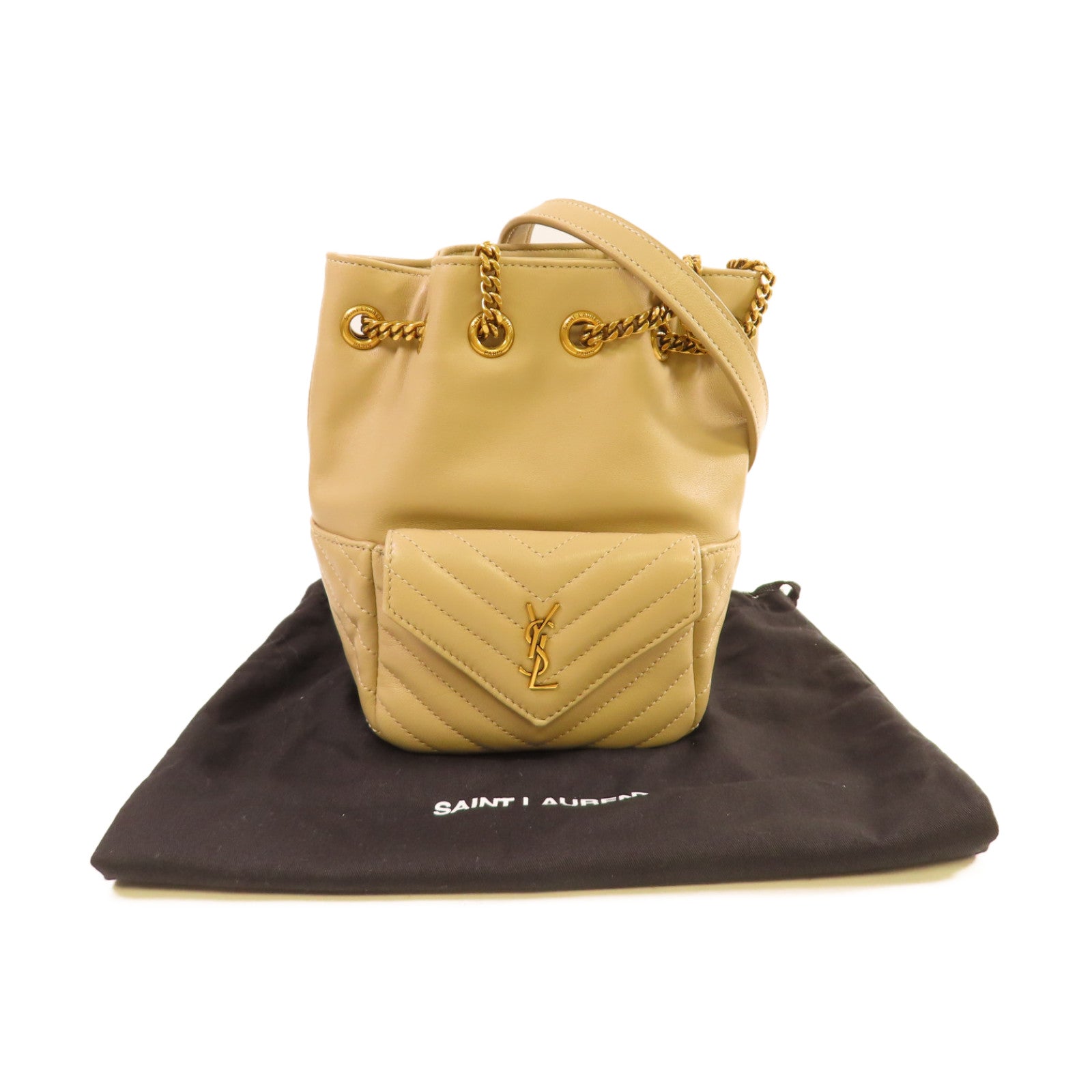 YVES SAINT LAURENT 【激減優惠】斜紋羊皮皮革 Joe Chain Shoulder Bag金扣鏈帶肩背袋杏色