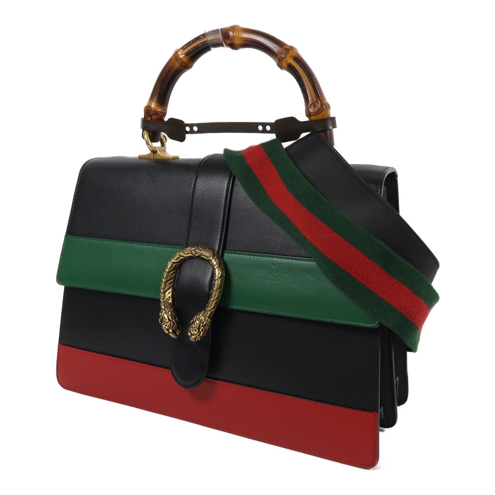 GUCCI GG GHW 2 Way Shoulder Bag Handbag 421999 Calfskin Leather Black Red Green