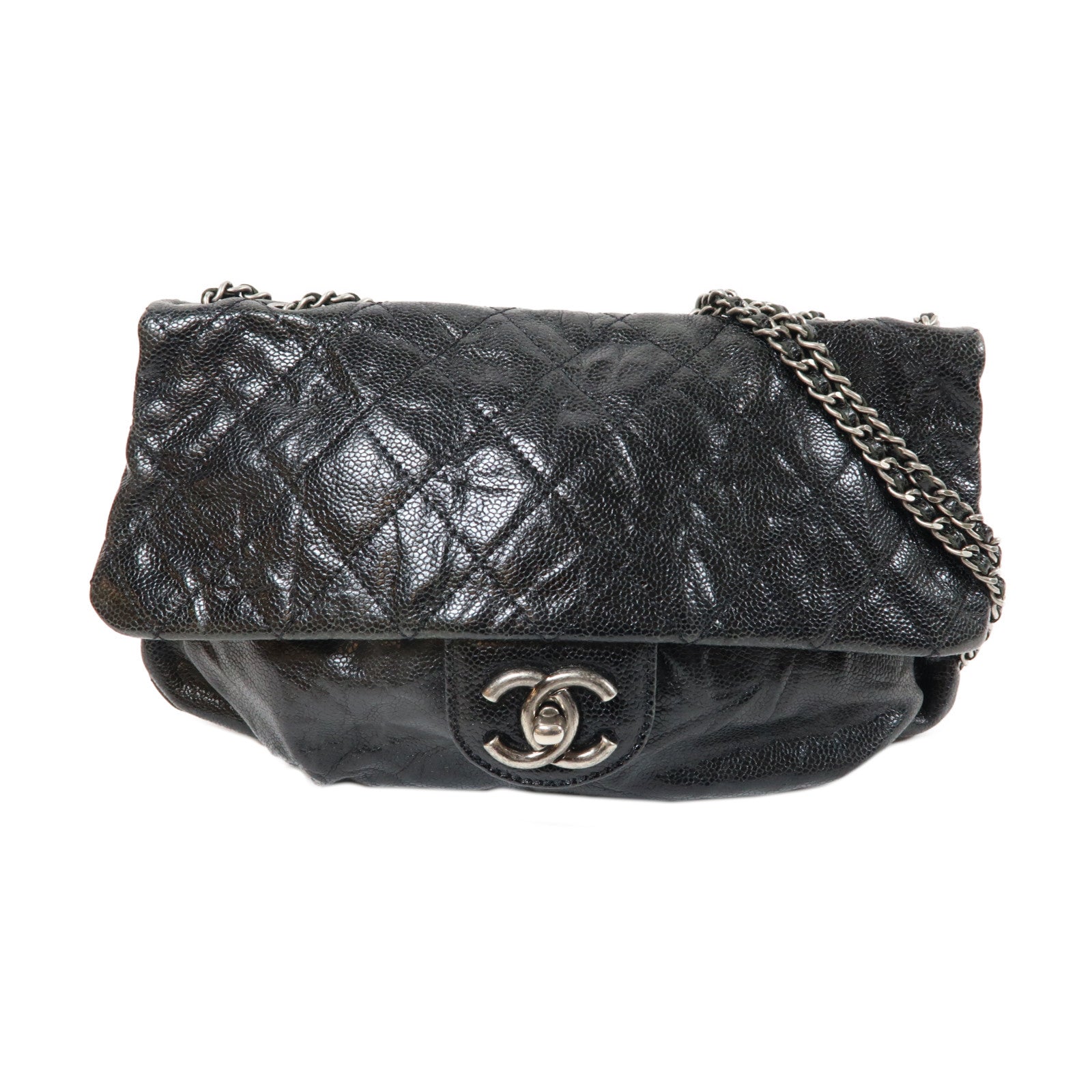CHANEL 菱格牛皮皮革Chain Shoulder銀扣肩背袋黑色