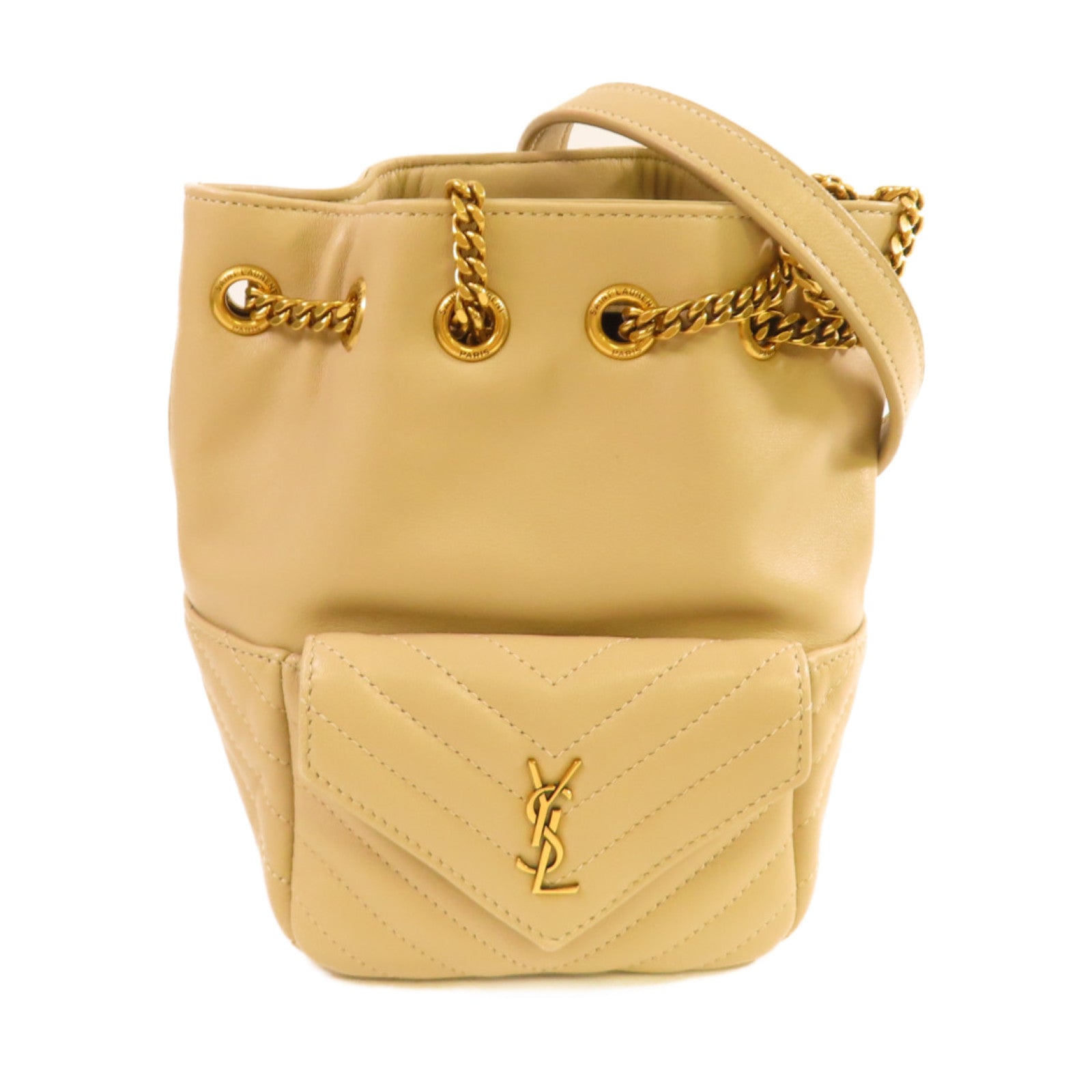 YVES SAINT LAURENT 【激減優惠】斜紋羊皮皮革 Joe Chain Shoulder Bag金扣鏈帶肩背袋杏色