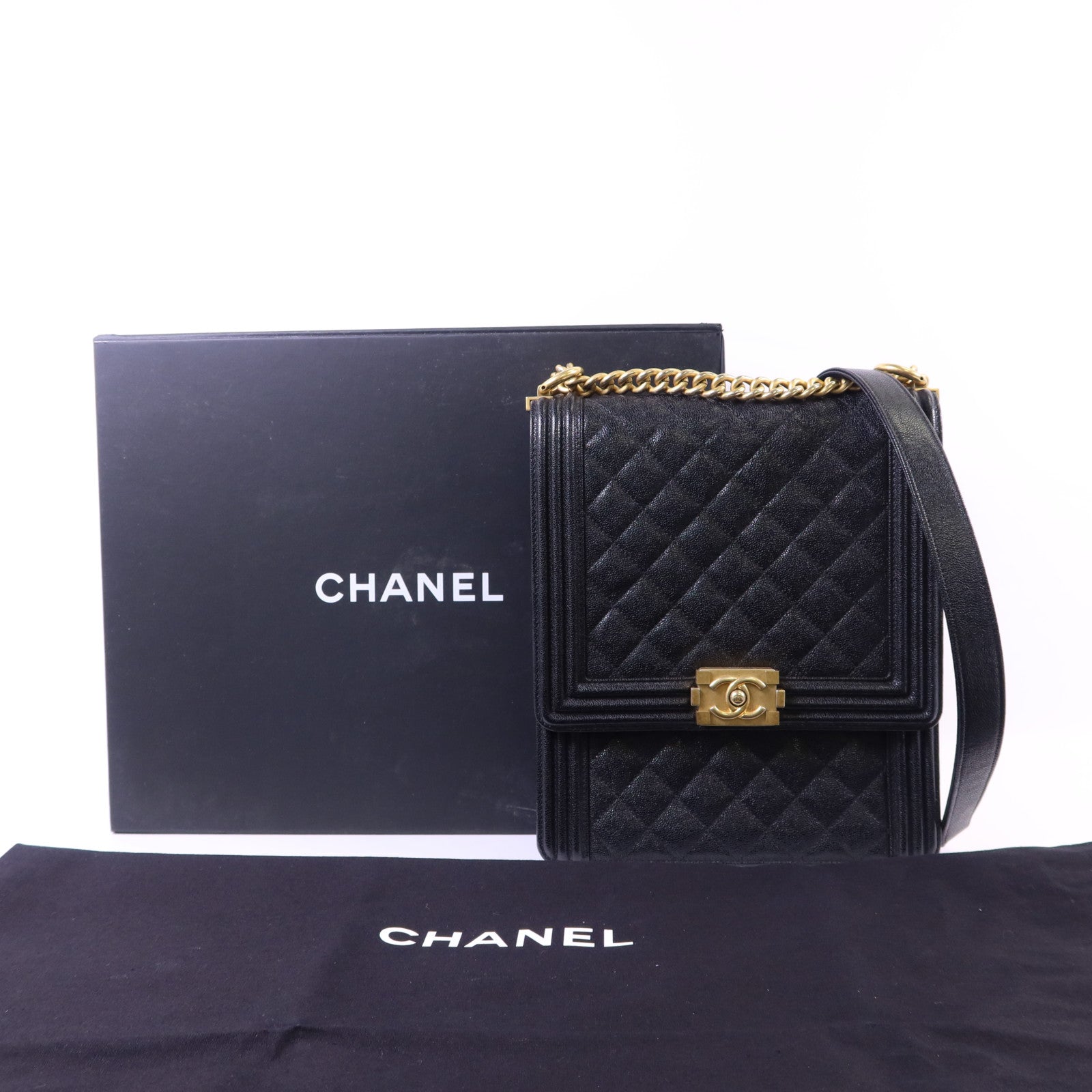 CHANEL 牛皮皮革Boy金扣鏈帶肩背袋