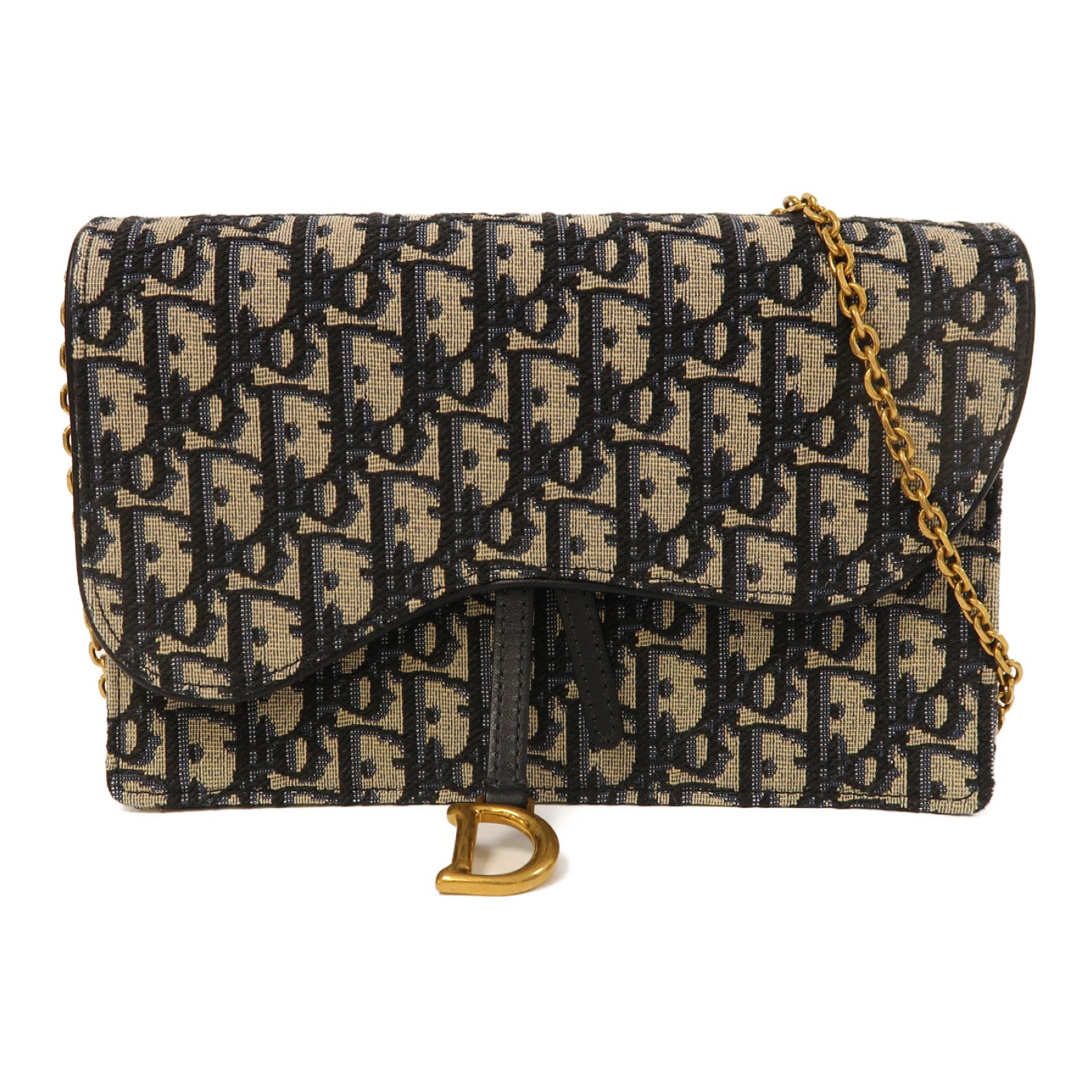 Dior 帆布Saddle Chain Shoulder金扣鏈帶肩背袋藍色