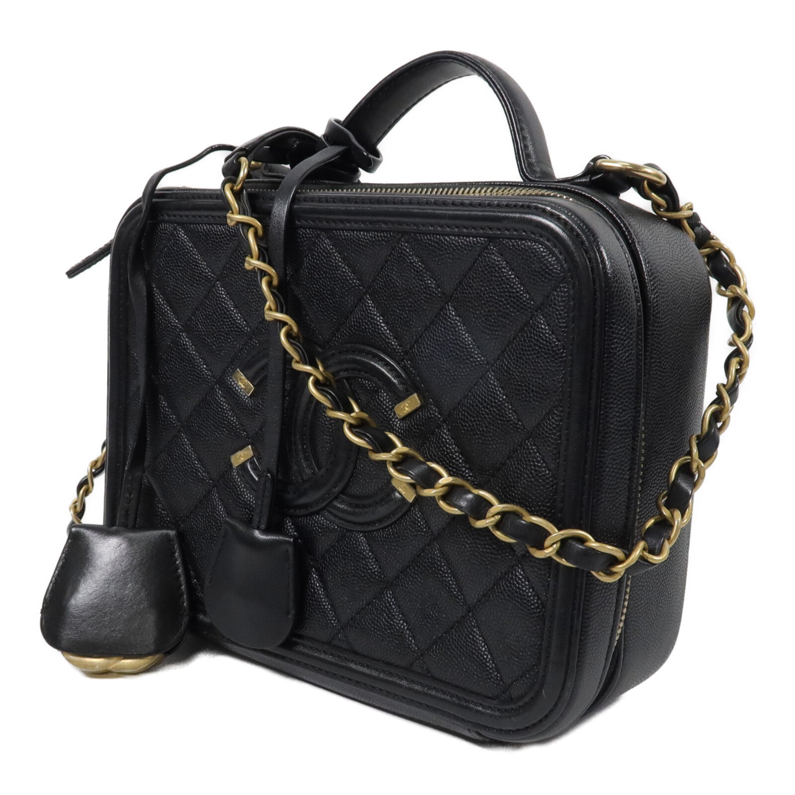 CHANEL 牛皮皮革CC Filigree Vanity Case Medium鏈帶肩背袋