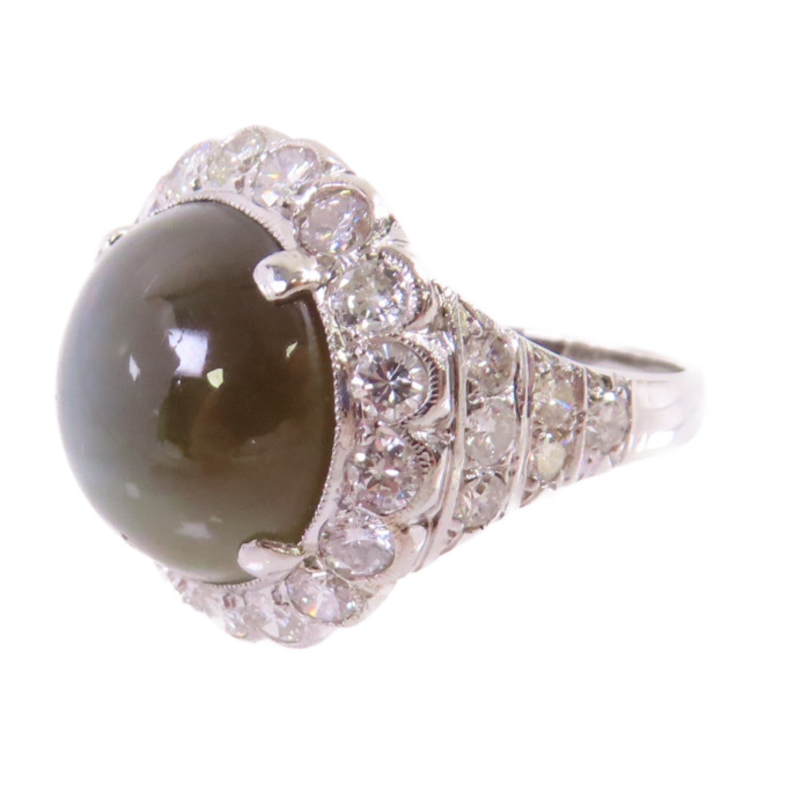 JEWELRY PT900鉑金/17.39ct貓眼石/1.30ct鑽石Cat's Eye Diamond Ring戒指US#5.75