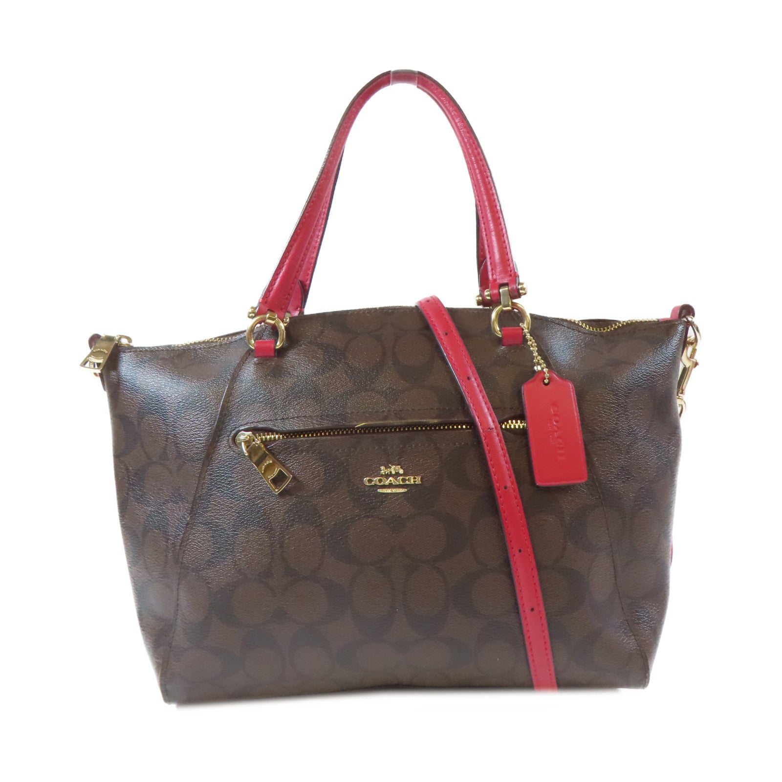 COACH 塗層帆布2 Way Shoulder金扣手挽肩背兩用袋啡色/紅色
