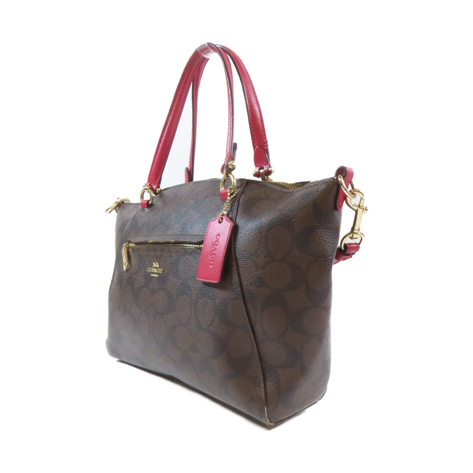 COACH 塗層帆布2 Way Shoulder金扣手挽肩背兩用袋啡色/紅色