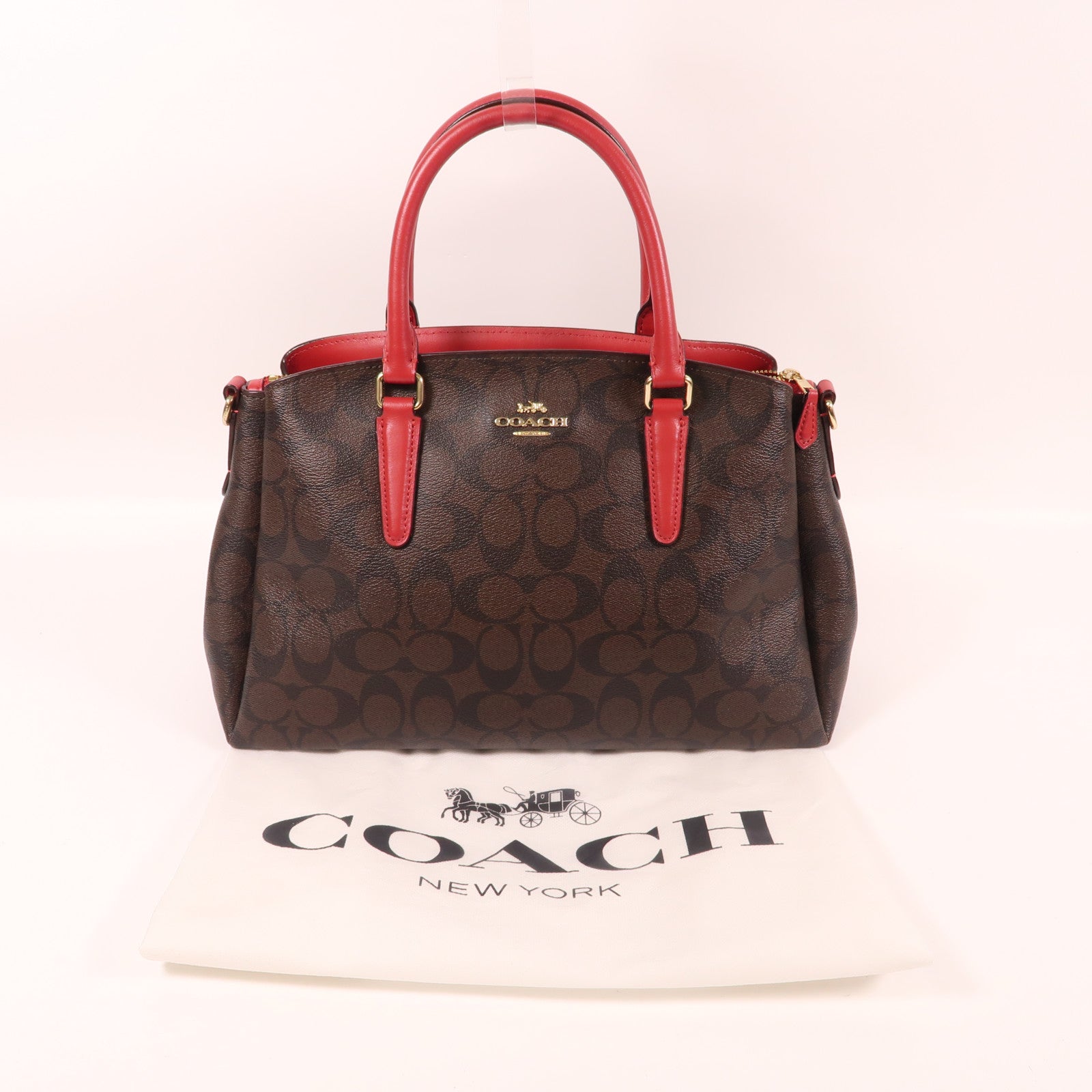 COACH 塗層帆布Handbag金扣肩背袋棕色/紅色