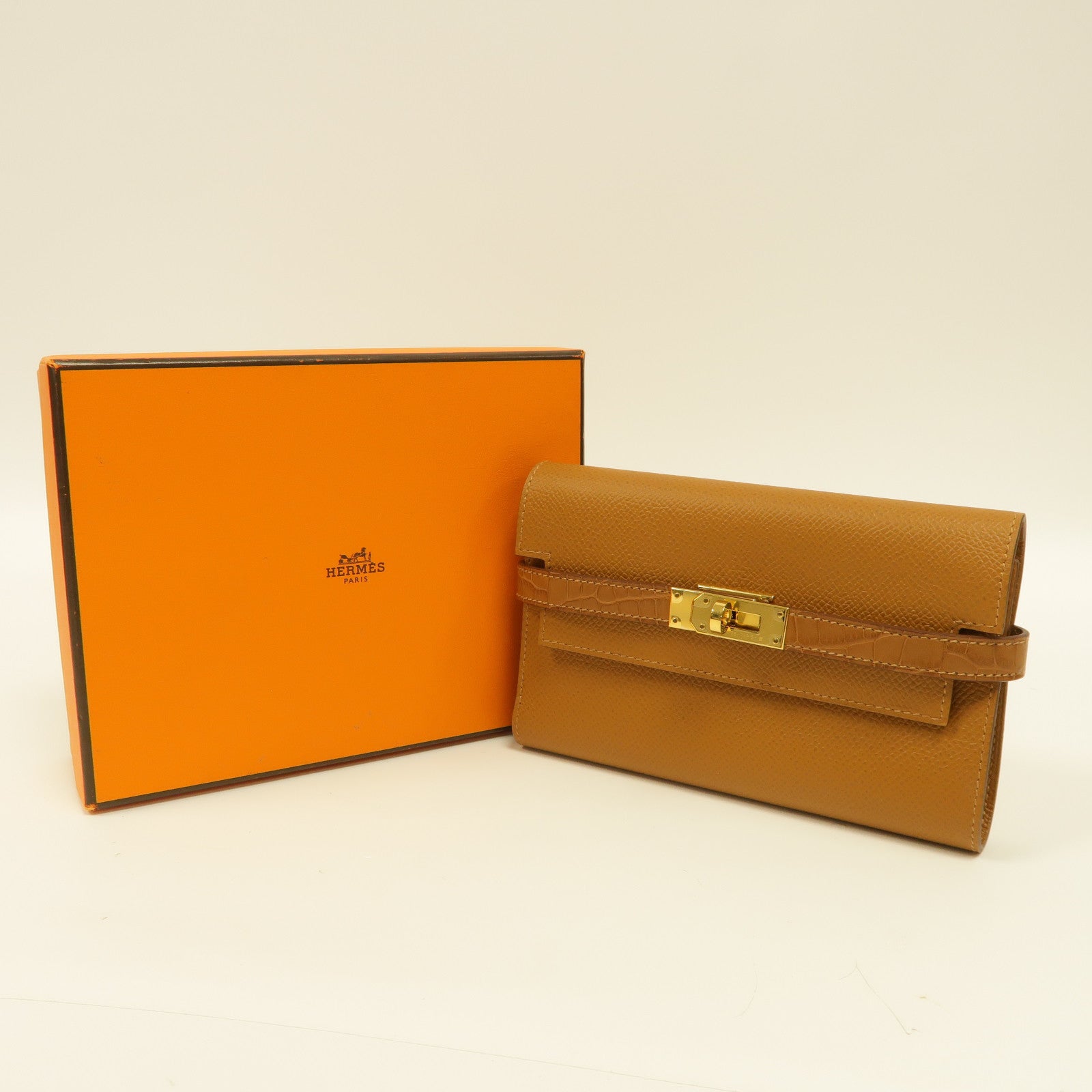 HERMES Epsom皮革/Alligator皮革Kelly Wallet金扣錢包經典駝色