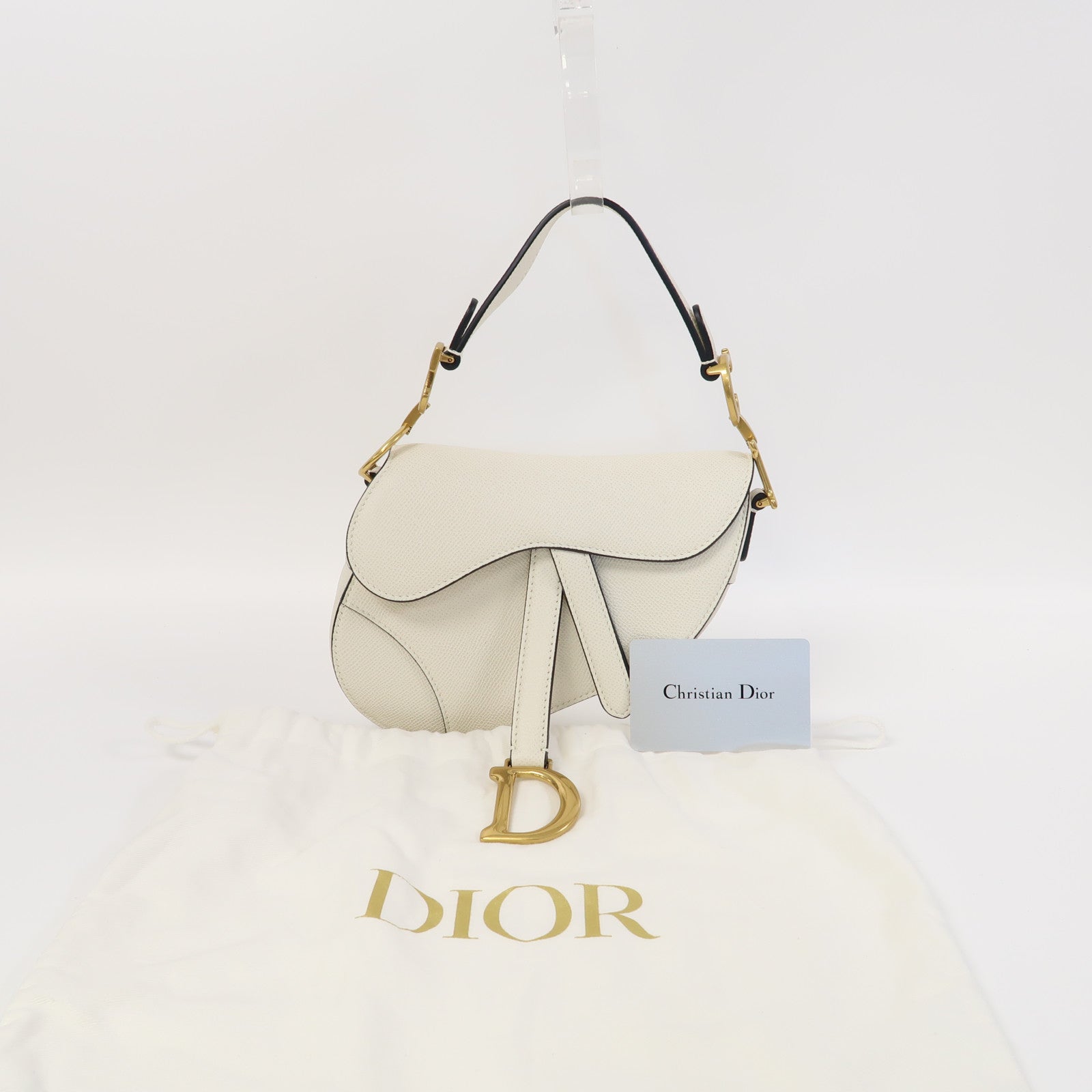 Dior 牛皮皮革Saddle Mini金扣手挽袋白色