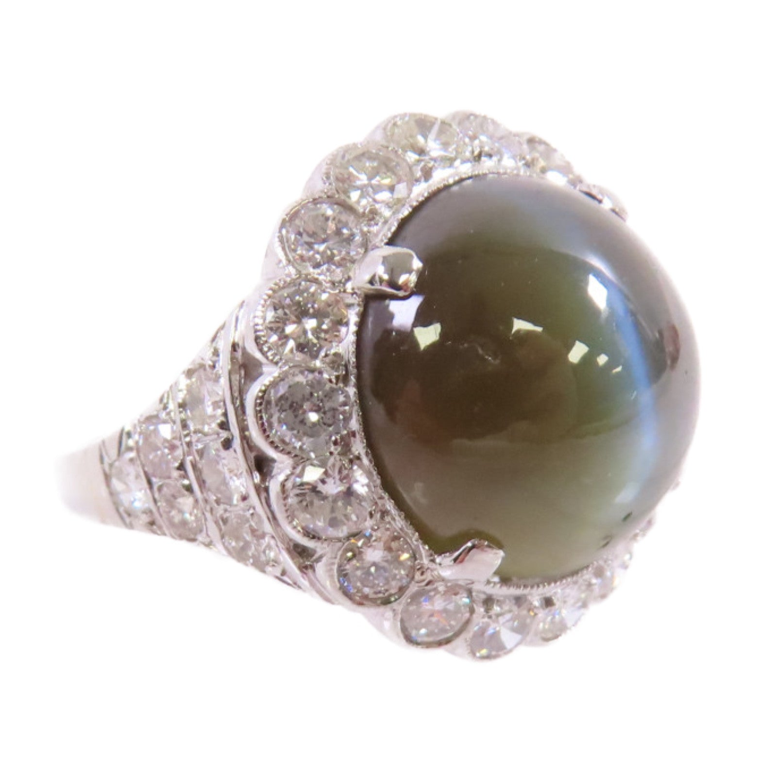 JEWELRY PT900鉑金/17.39ct貓眼石/1.30ct鑽石Cat's Eye Diamond Ring戒指US#5.75