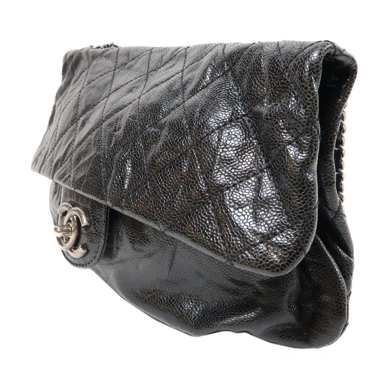 CHANEL 菱格牛皮皮革Chain Shoulder銀扣肩背袋黑色