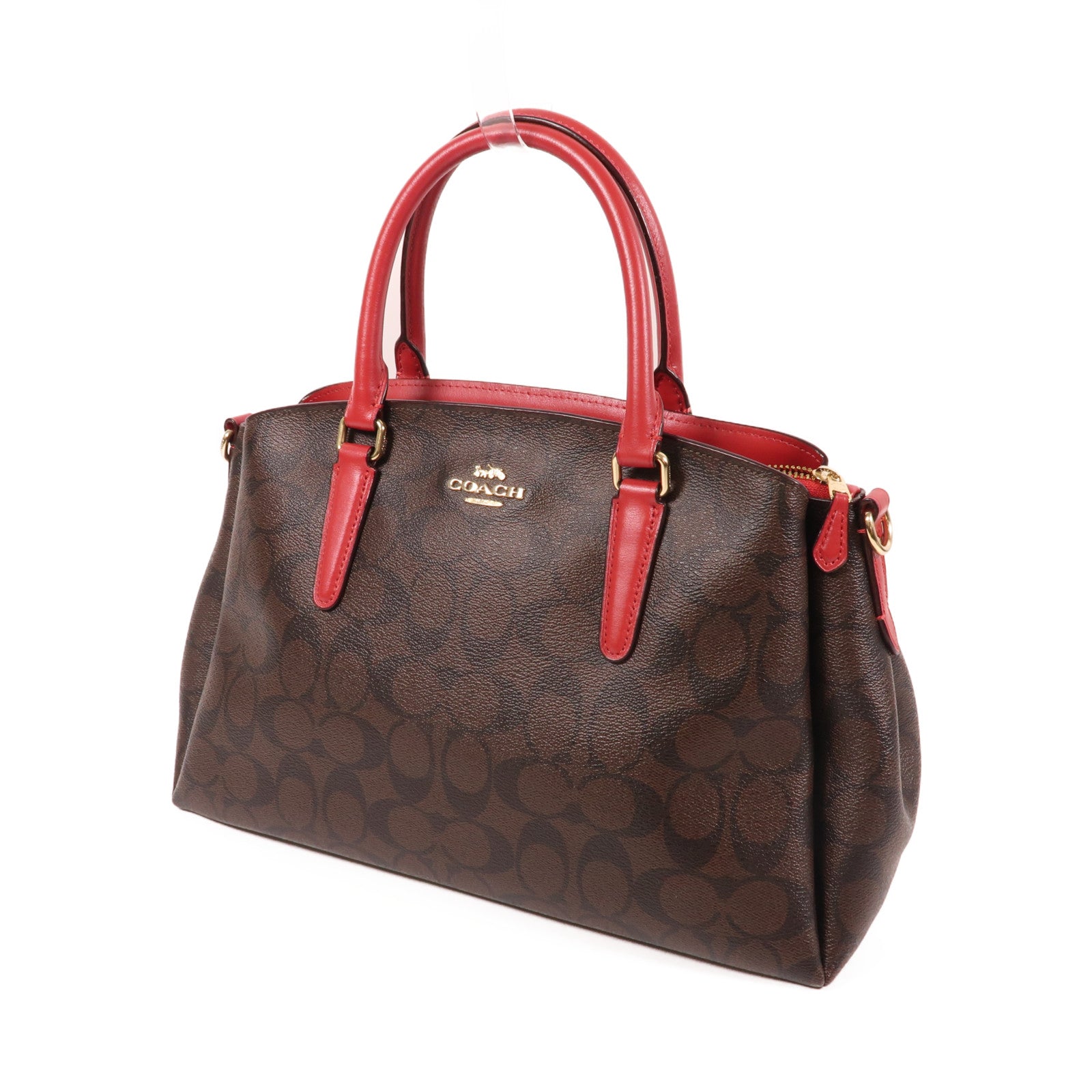 COACH 塗層帆布Handbag金扣肩背袋棕色/紅色