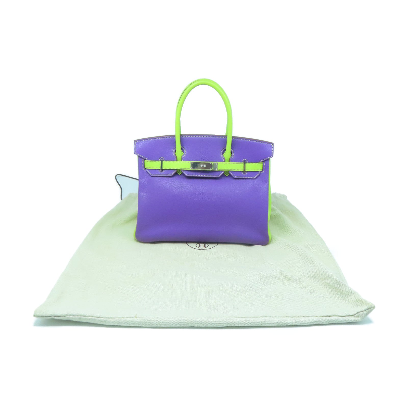 HERMES Mysore Goat Leather Birkin 30 Silver Buckle Handle Purple/Neo Green
