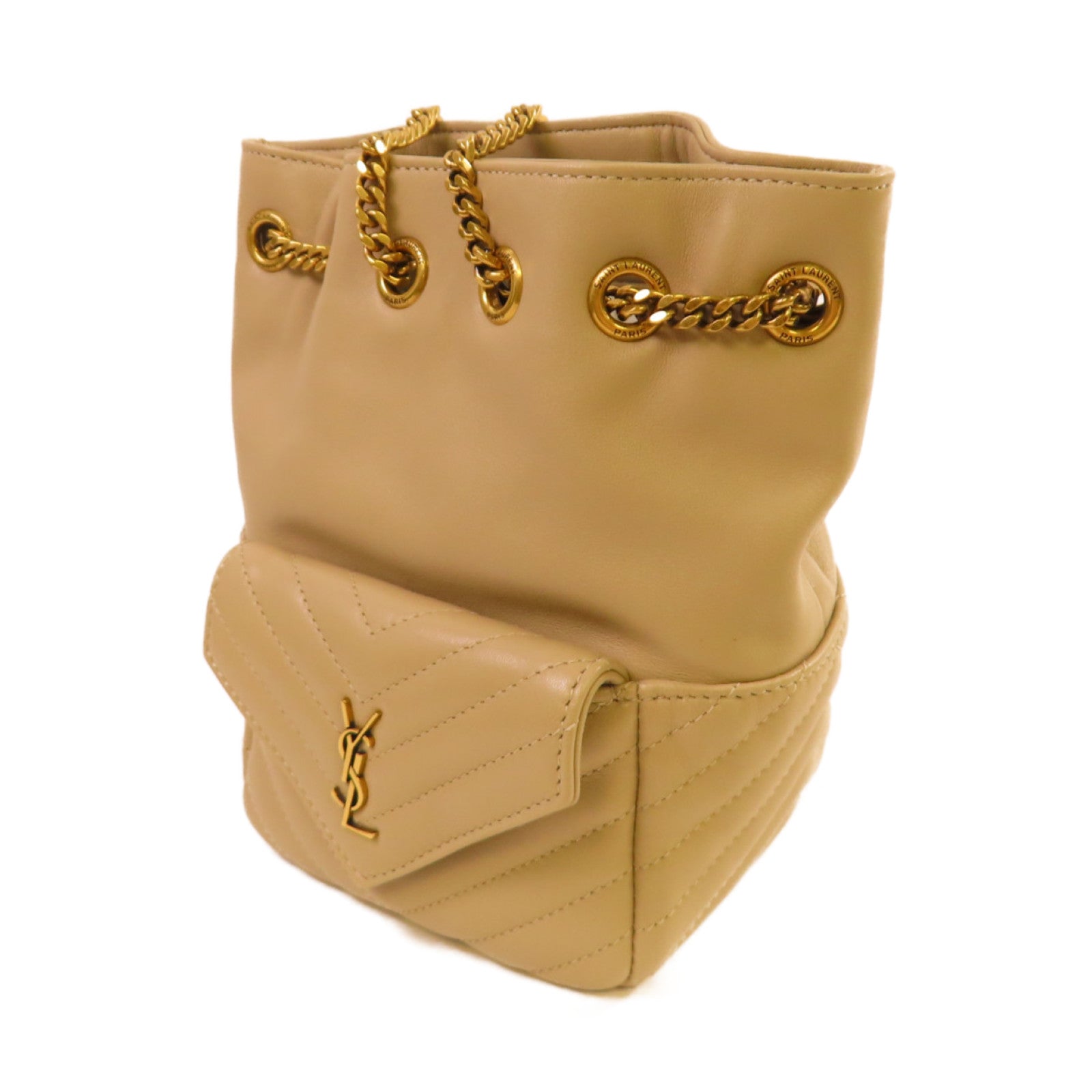 YVES SAINT LAURENT 【激減優惠】斜紋羊皮皮革 Joe Chain Shoulder Bag金扣鏈帶肩背袋杏色