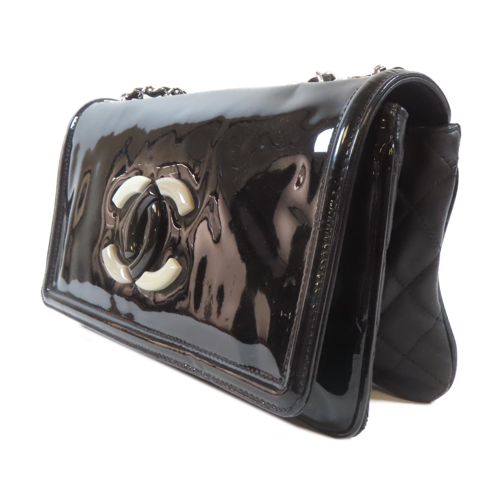 CHANEL 【激減優惠】漆皮皮革Chain Shoulder Bag銀扣鏈帶肩背袋黑色