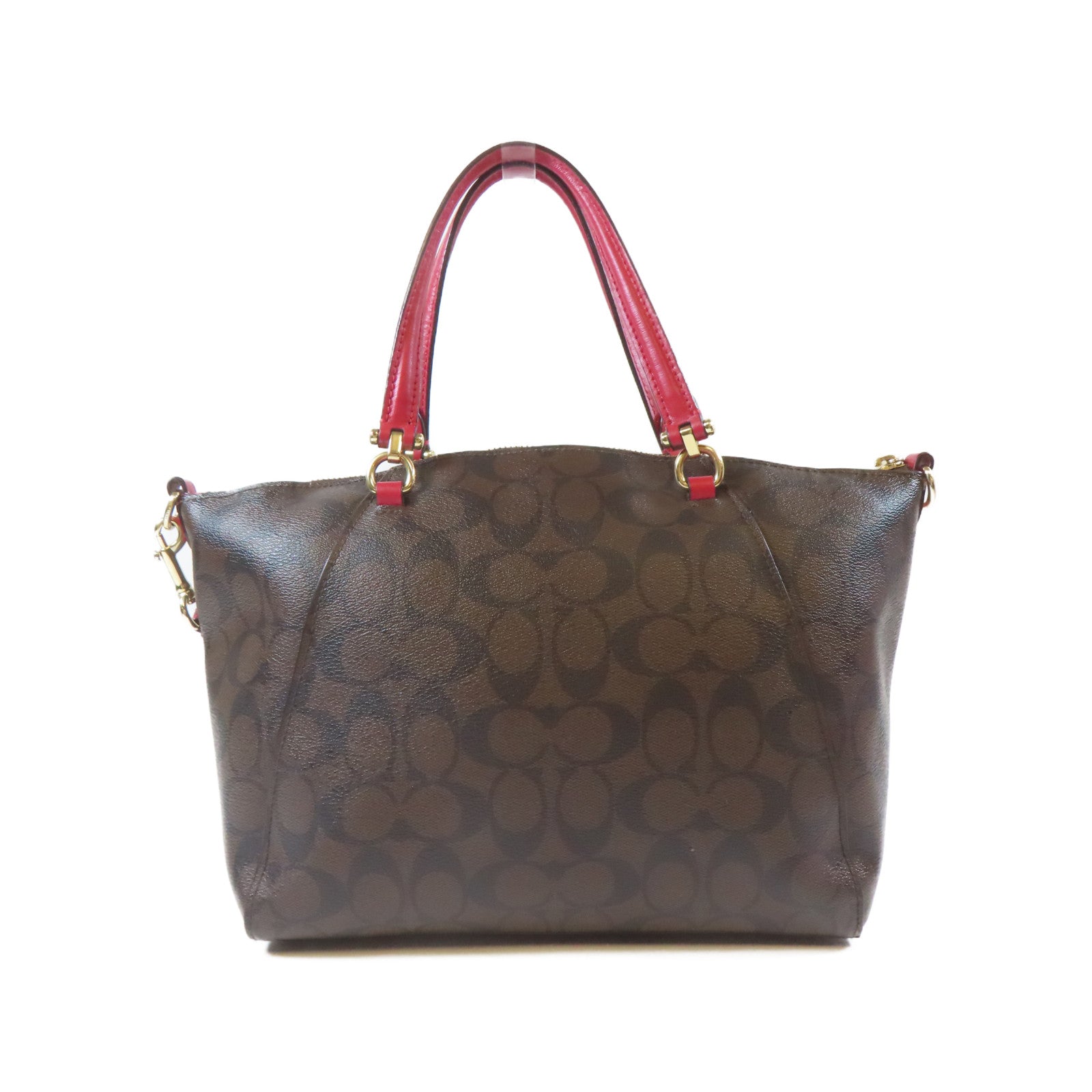 COACH 塗層帆布2 Way Shoulder金扣手挽肩背兩用袋啡色/紅色