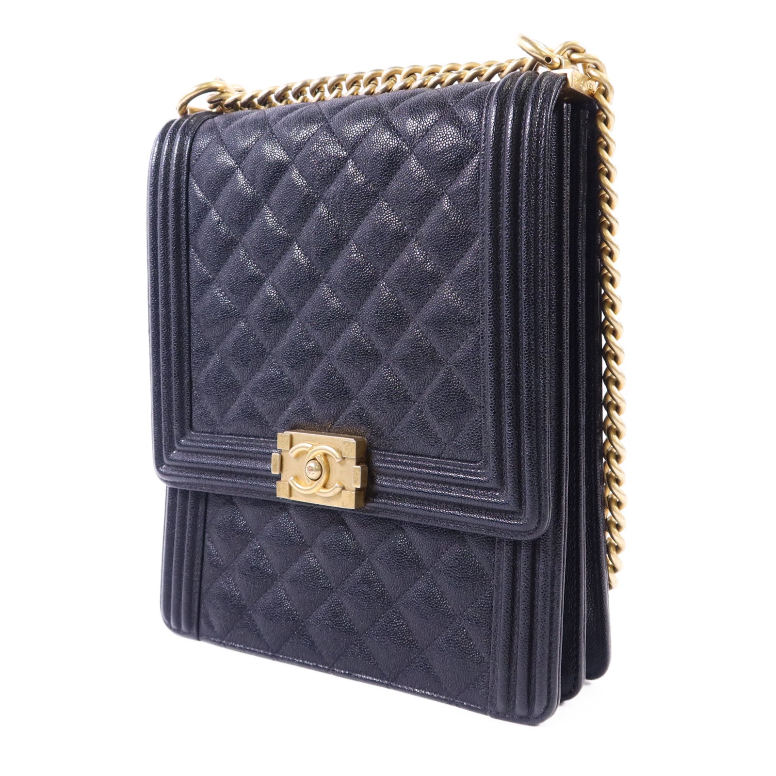 CHANEL 牛皮皮革Boy金扣鏈帶肩背袋