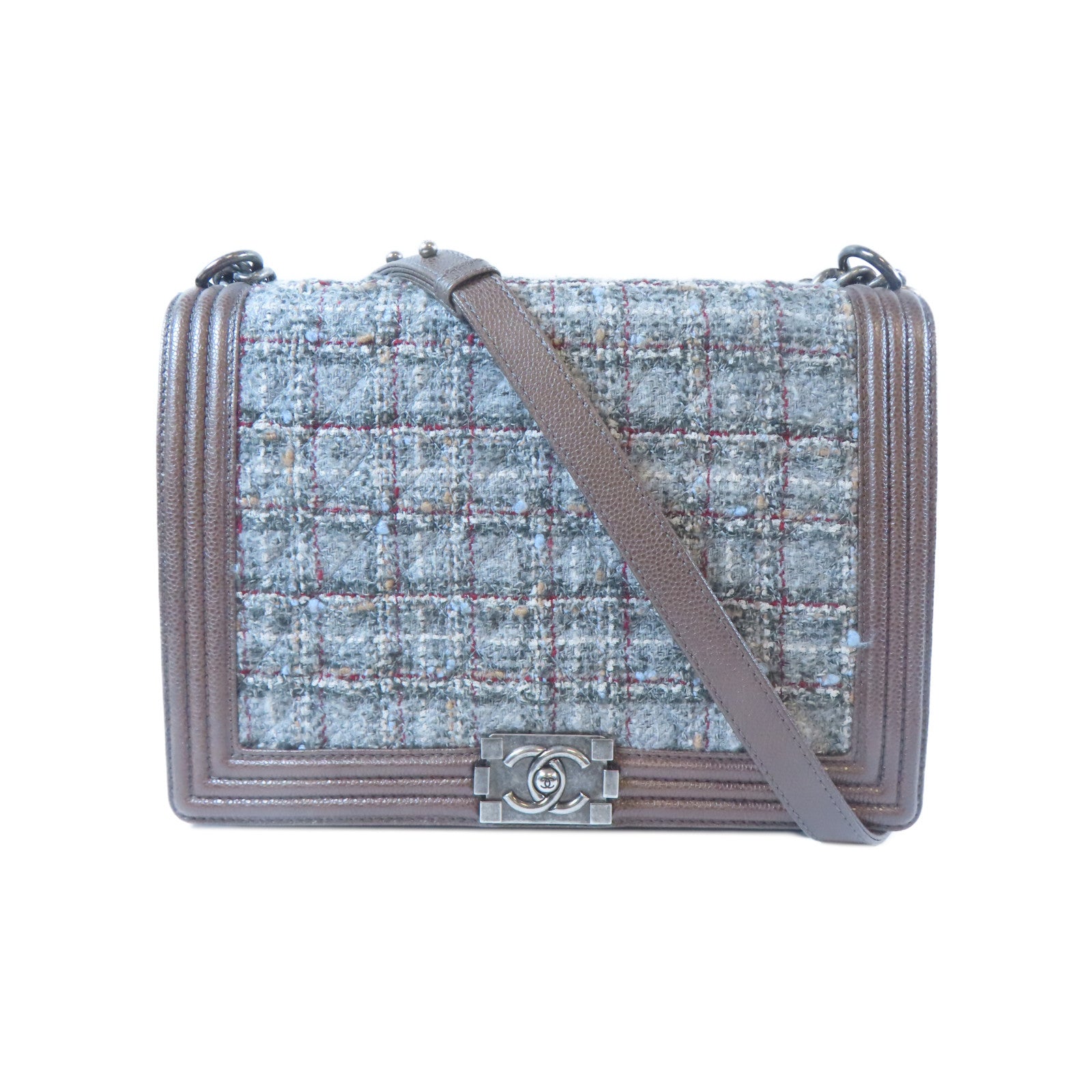 CHANEL **【激減優惠】粗花呢牛皮皮革Boy Shoulder Bag銀扣肩背袋啡色/灰色