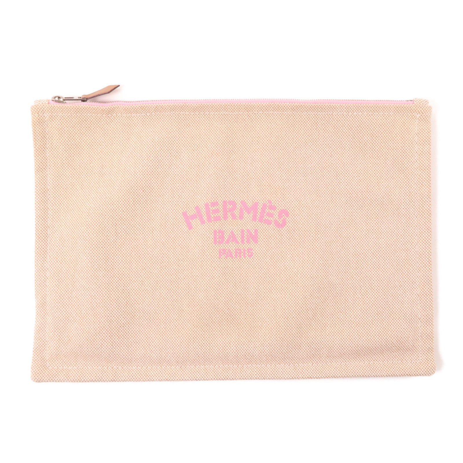 HERMES 帆布Bain Pouch銀扣手拿包粉紅色