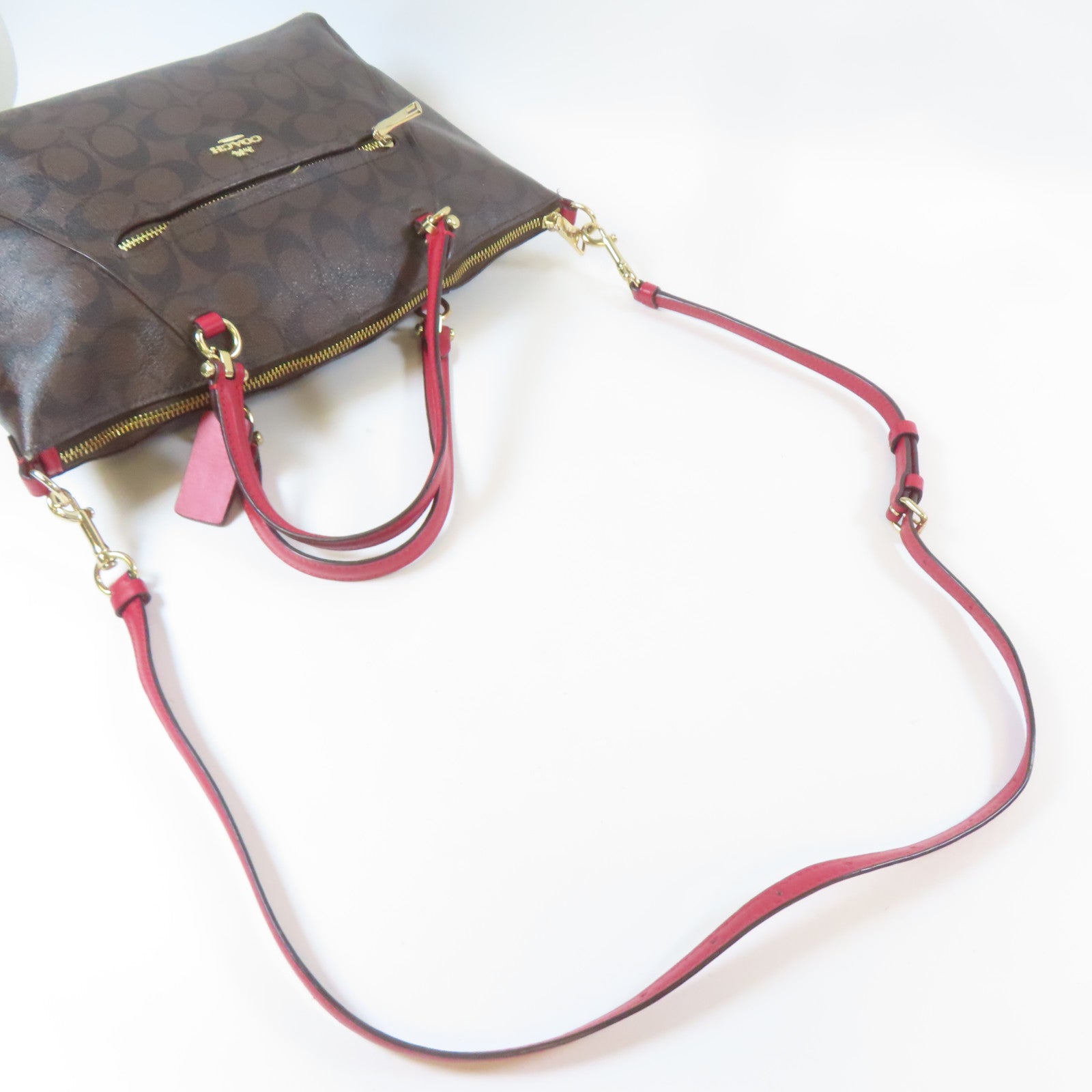 COACH 塗層帆布2 Way Shoulder金扣手挽肩背兩用袋啡色/紅色